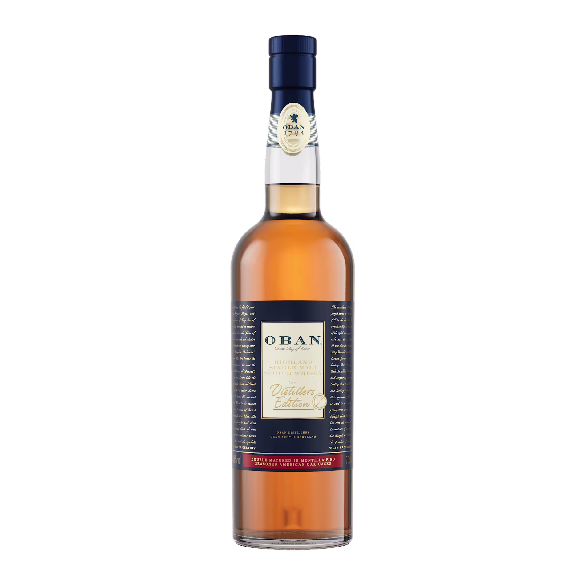 A bottle of Oban Distillers Edition single malt Scotch whisky with a blue and cream label and a blue cap, photographed on a plain white background.
