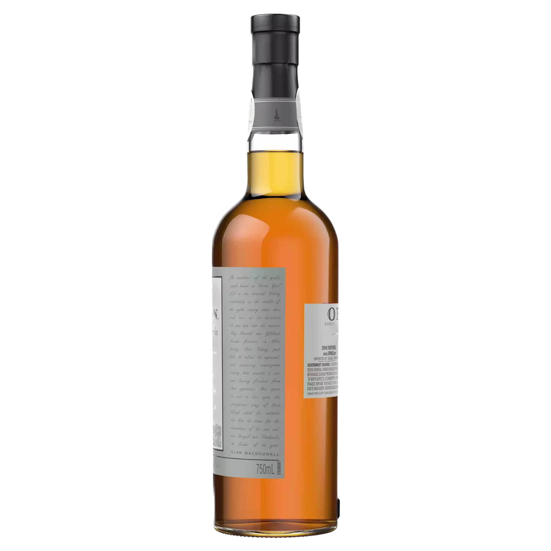 A clear glass bottle of amber-colored liquor with a black cap, shown from the back, displaying a label with text and a barcode.