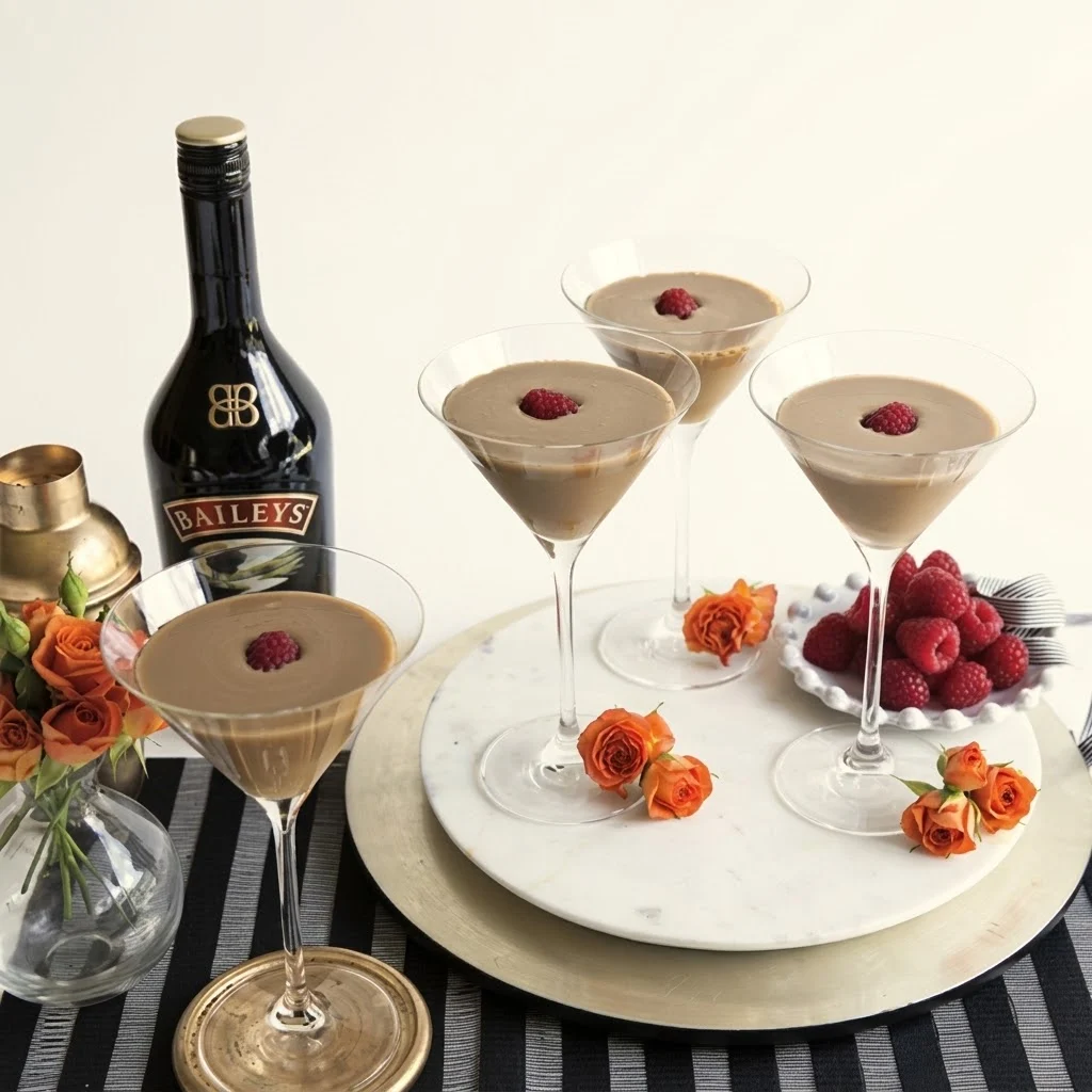 Cuatro cócteles Baileys French Dream en copas de martini junto a la botella de Baileys Original Irish Cream