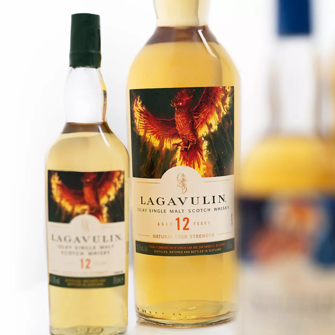 Two bottles of Lagavulin 12 Year Old Islay Single Malt Scotch Whisky with labels featuring a fiery phoenix illustration.