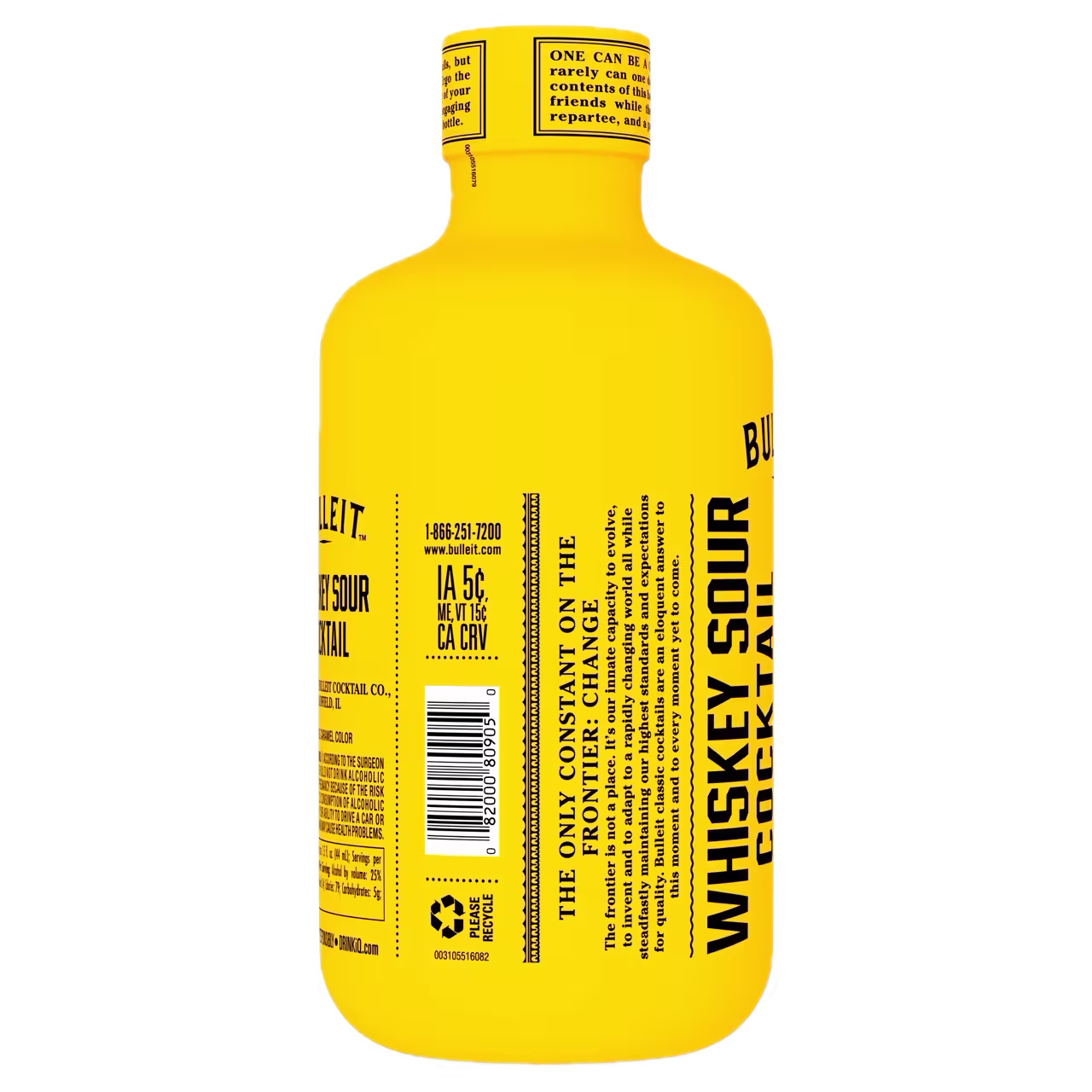 A bright yellow bottle labeled Whiskey Sour Cocktail with black text, featuring a barcode, recycling symbol, and various product details.
