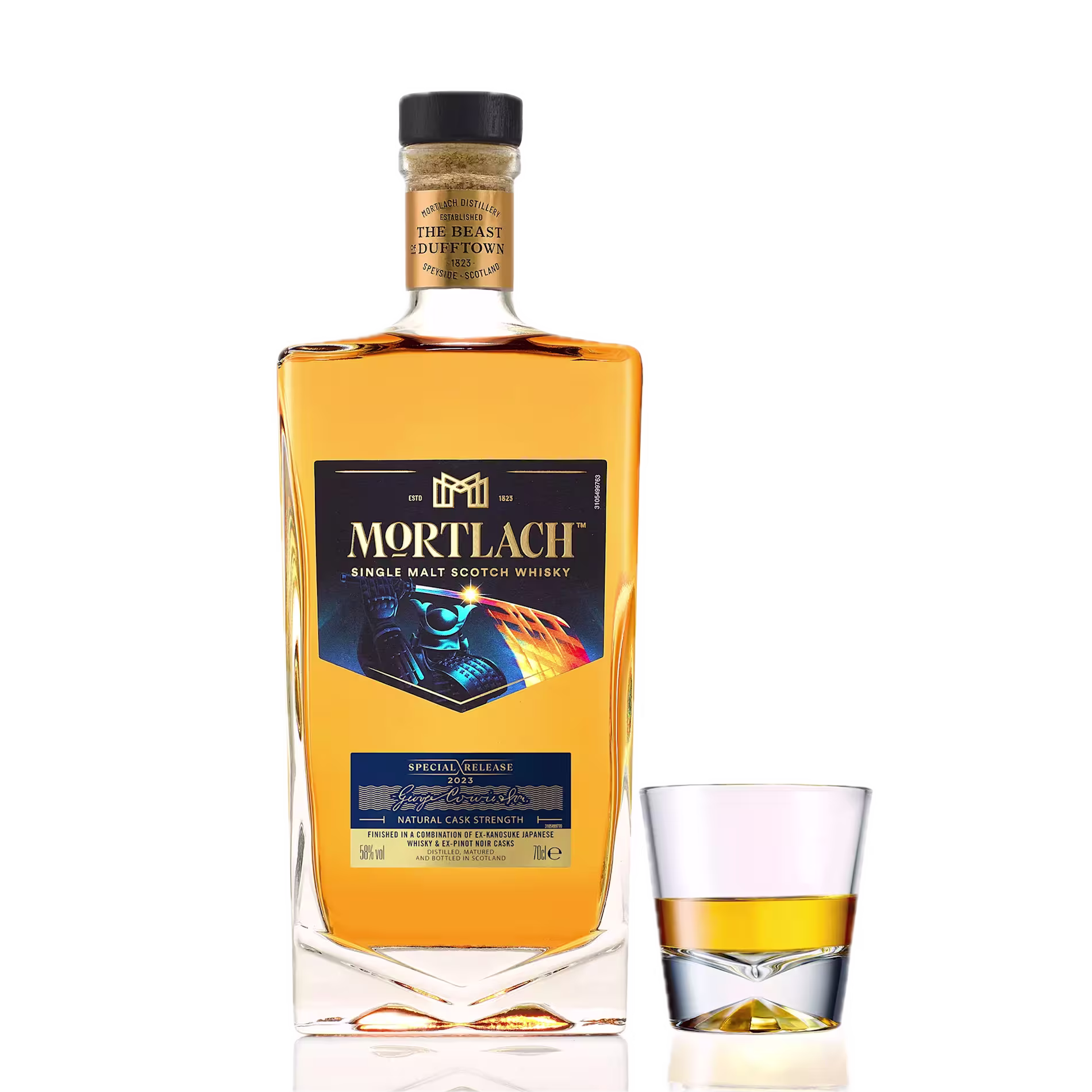A bottle of Mortlach Single Malt Scotch Whisky beside a glass filled with whisky, both set against a plain background.