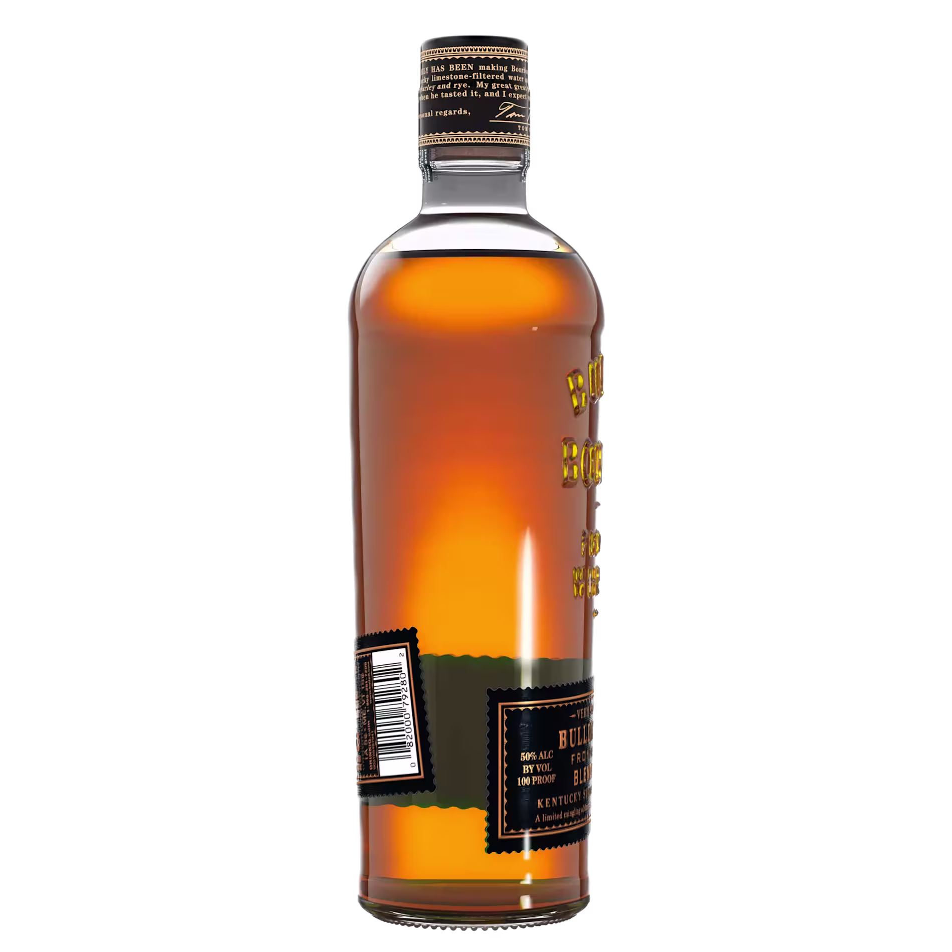 A clear glass bottle filled with amber liquid, featuring a black label with gold text and a barcode, shown against a plain black background.