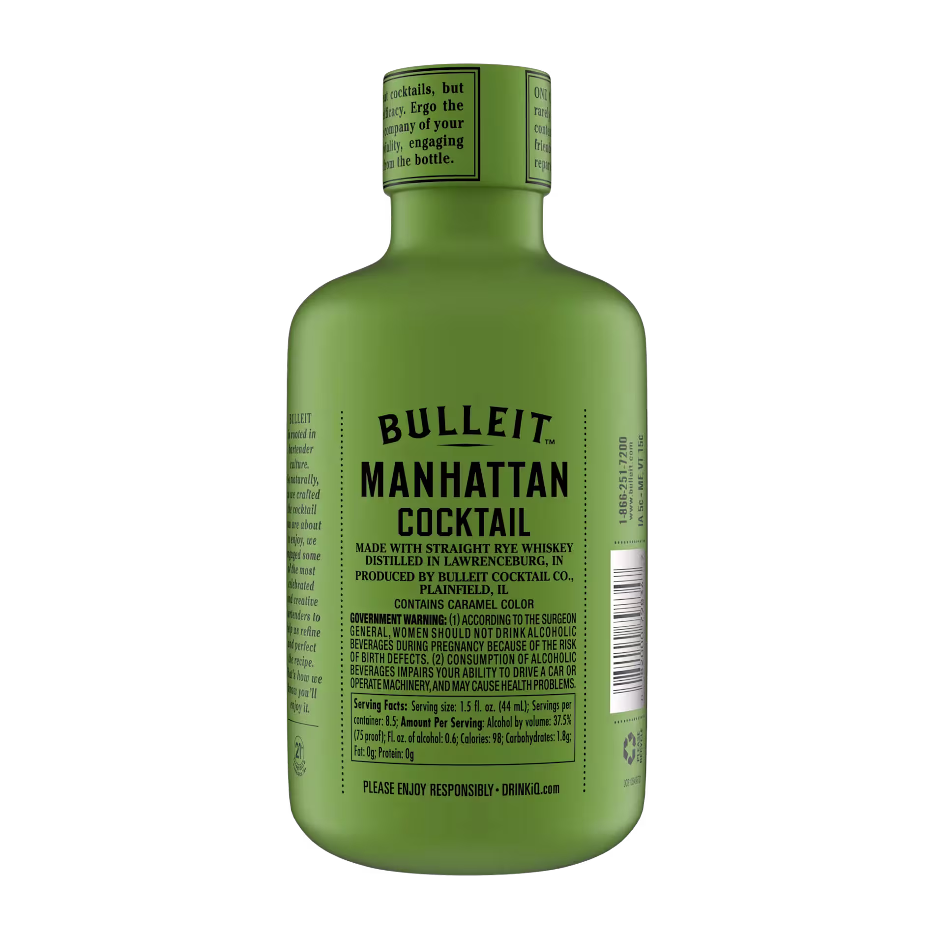 A green bottle labeled Bulleit Manhattan Cocktail with product details and a barcode visible on the back.