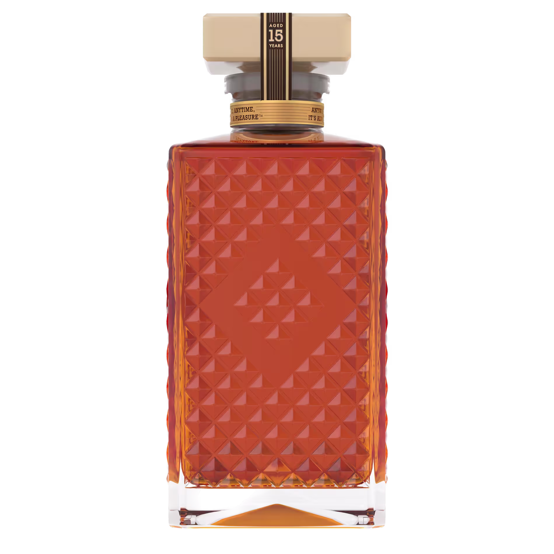 A square, textured glass bottle filled with amber liquid, featuring a cream-colored cap and a gold neck band labeled 15 Years.