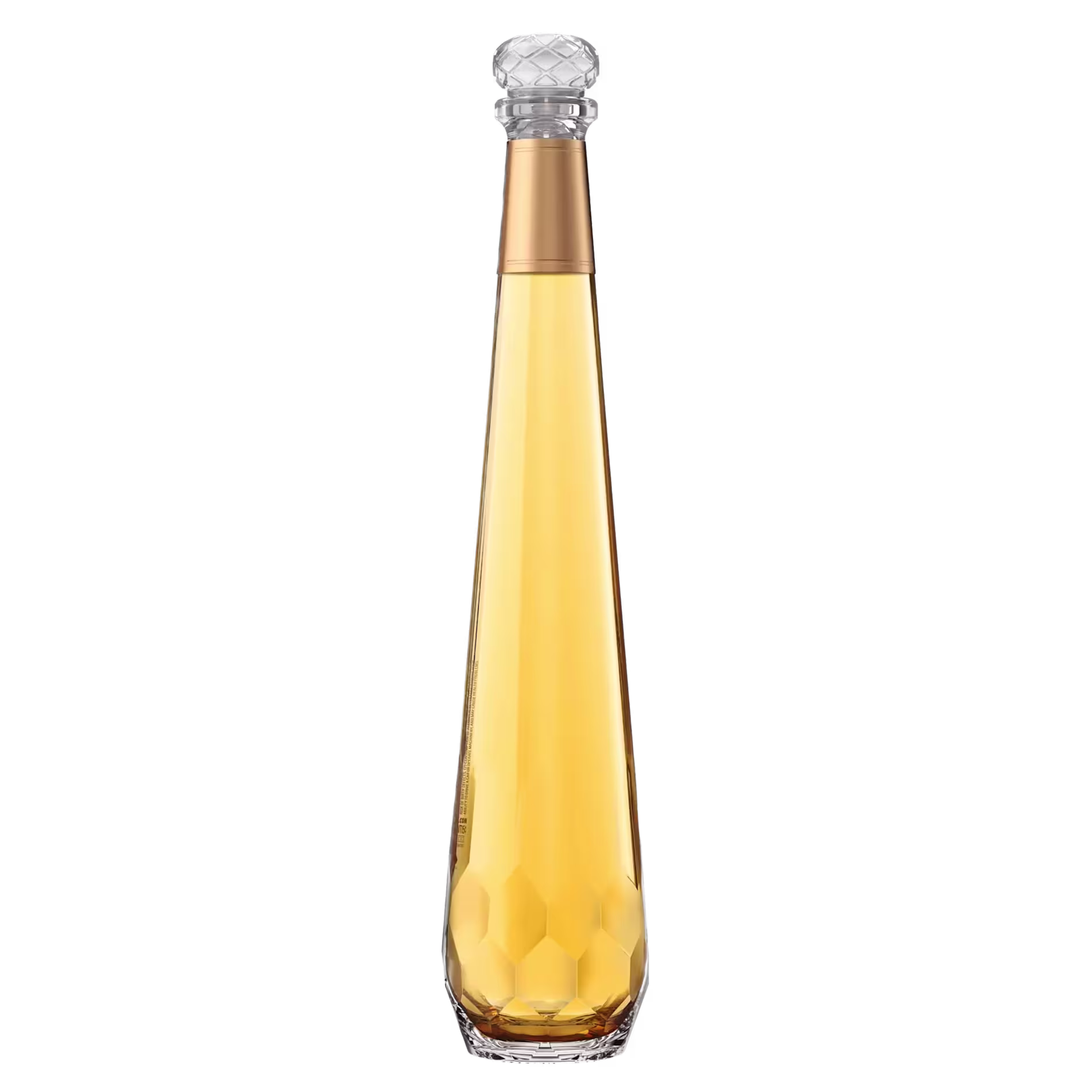 Tall, slender glass bottle with a faceted base, filled with a golden liquid and topped with a textured, round cap, set against a black background.