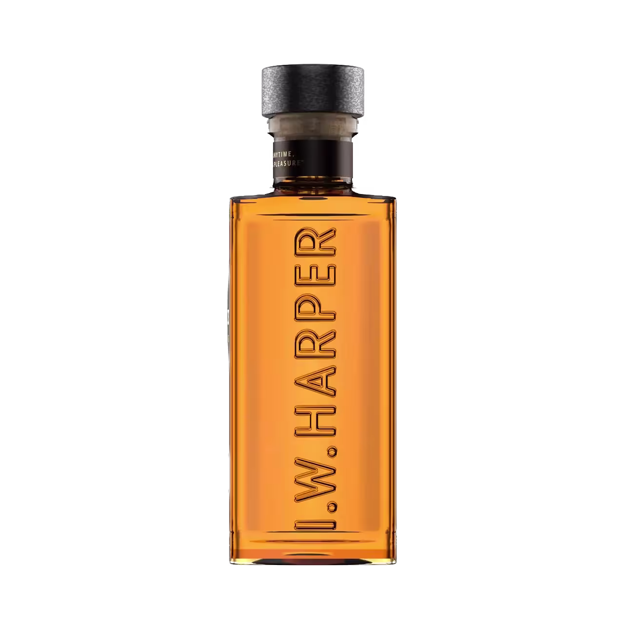 A rectangular bottle filled with amber liquid, labeled I.W. HARPER vertically, topped with a black cap, on a black background.