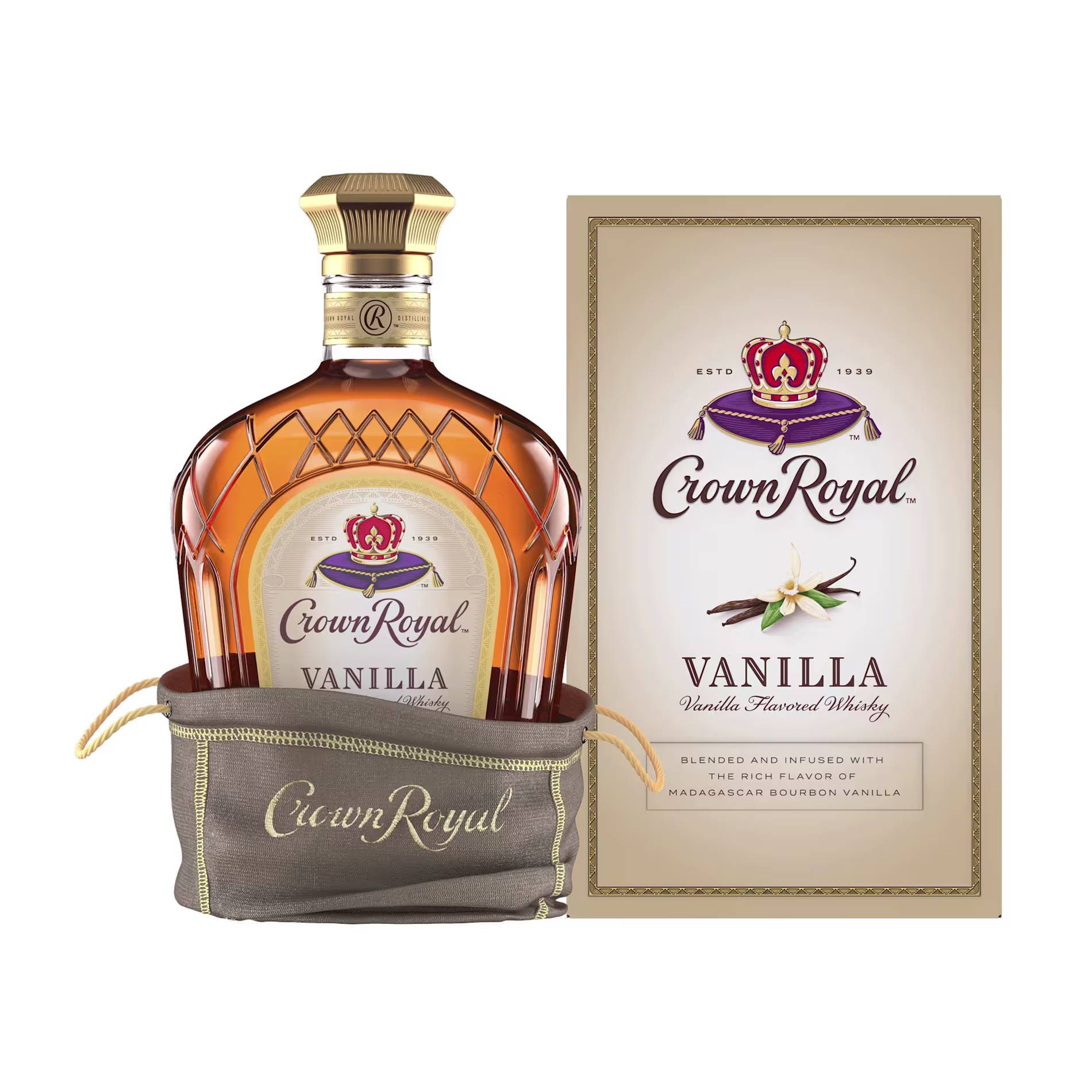 A bottle of Crown Royal Vanilla whisky in a cloth bag, shown next to its box featuring a vanilla flower and product details.
