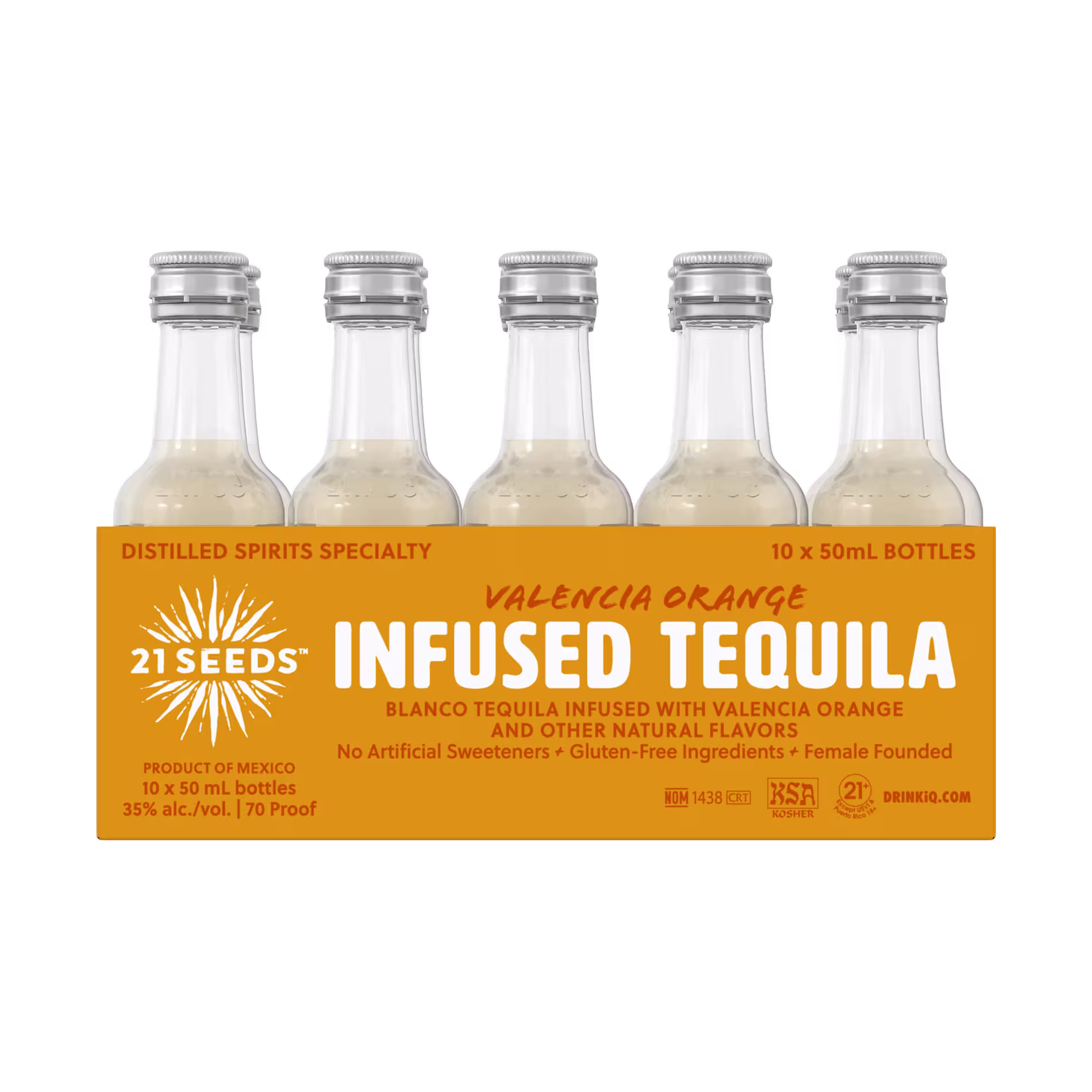 A pack of five 50ml bottles of 21 Seeds Valencia Orange infused tequila in a yellow-orange box with product details printed on the front.