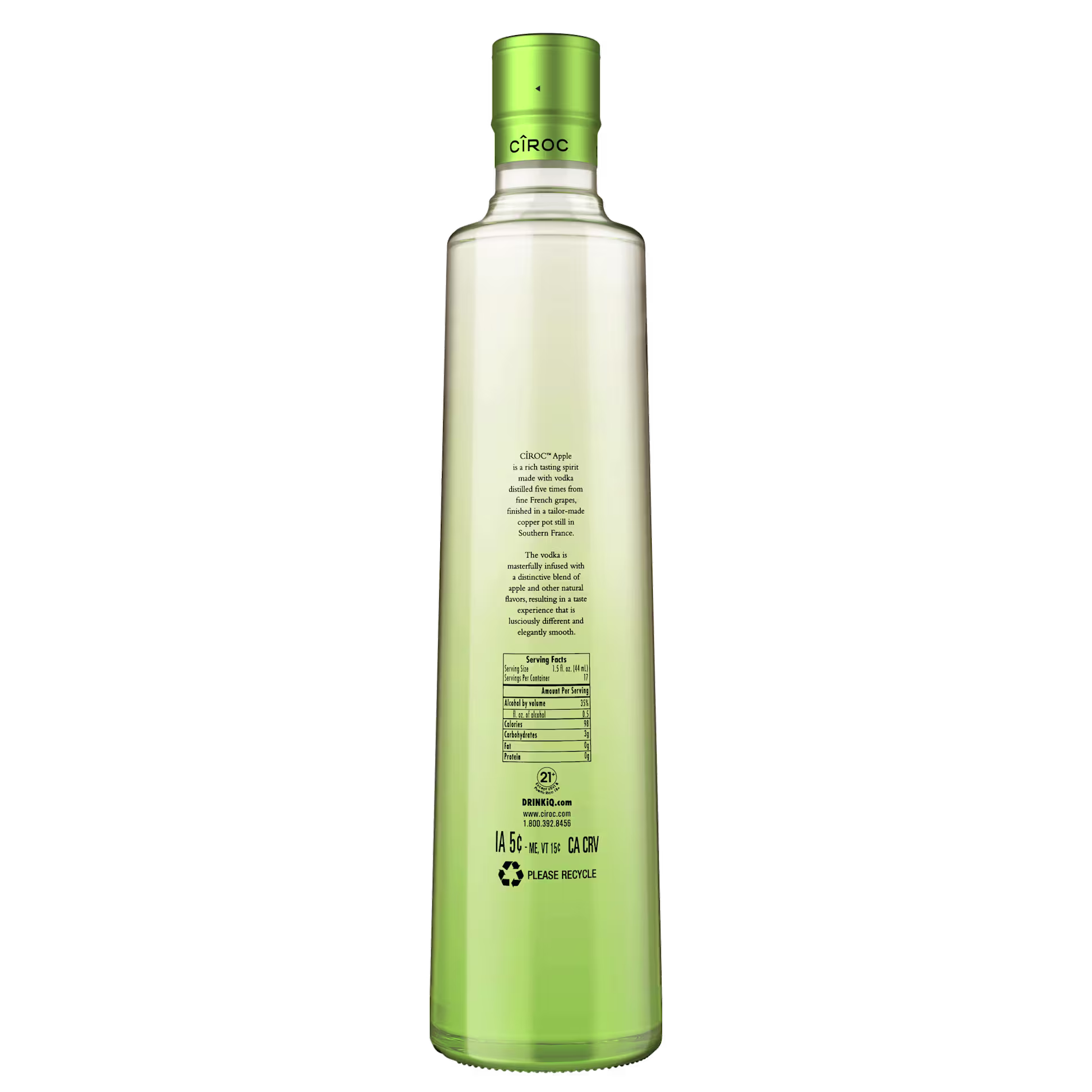 A green bottle of Ciroc Apple vodka shown from the back, displaying product information and a recycling symbol.