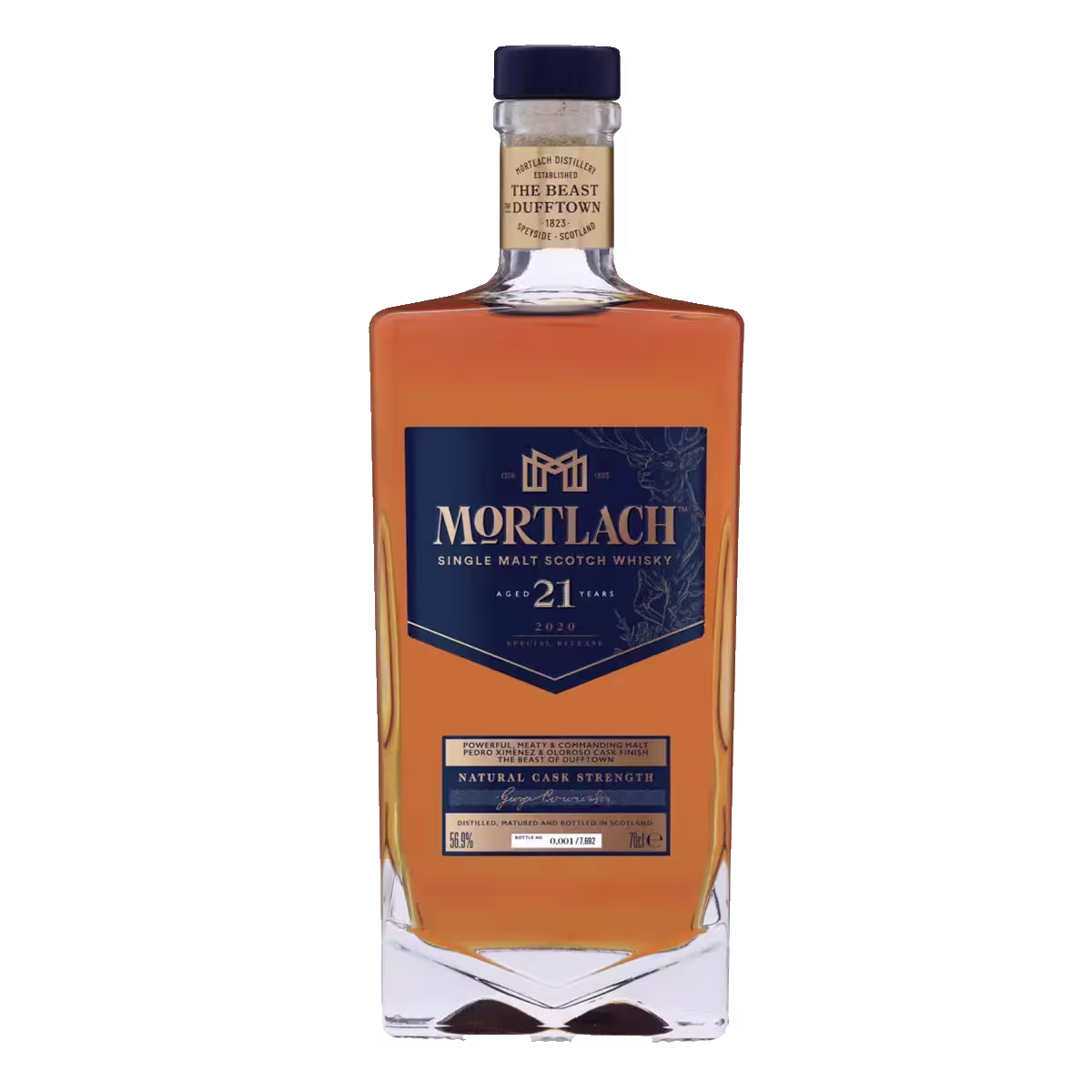 A bottle of Mortlach 21 Year Old Single Malt Scotch Whisky with a blue and gold label, displaying the whiskys age and details.