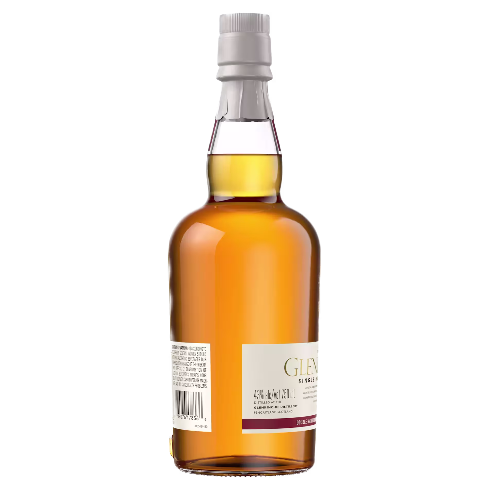 A bottle of single malt Scotch whisky with a partial front label visible, amber liquid inside, and a gray cap.