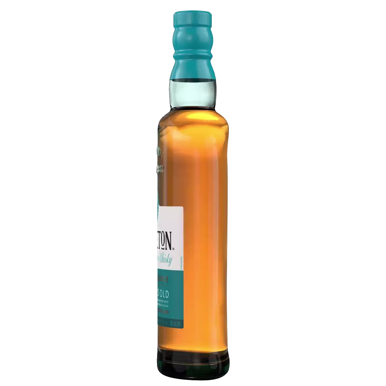 A clear glass bottle filled with amber liquid, featuring a turquoise and white label and a matching turquoise cap, set against a plain black background.