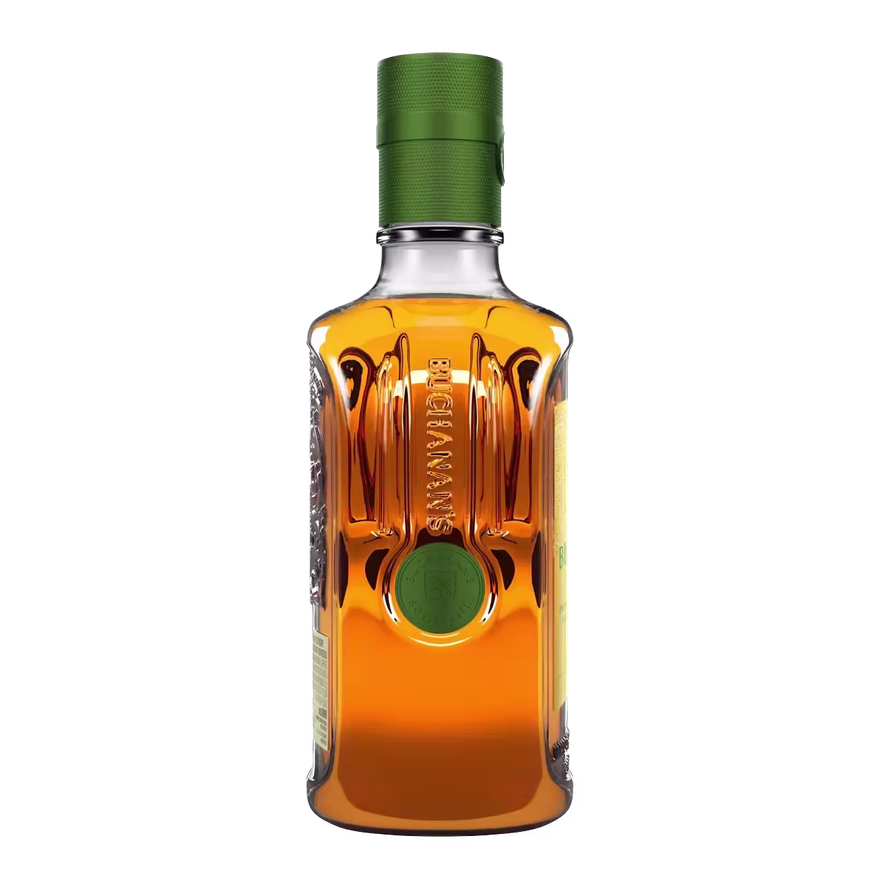 A rectangular glass bottle filled with amber liquid, embossed GLENMORANGIE on the front, with a green cap and a green circular seal.