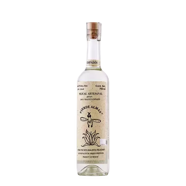 A clear glass bottle of Pierde Almas Mezcal Espadín with a beige label featuring black text and an agave illustration, set against a plain background.