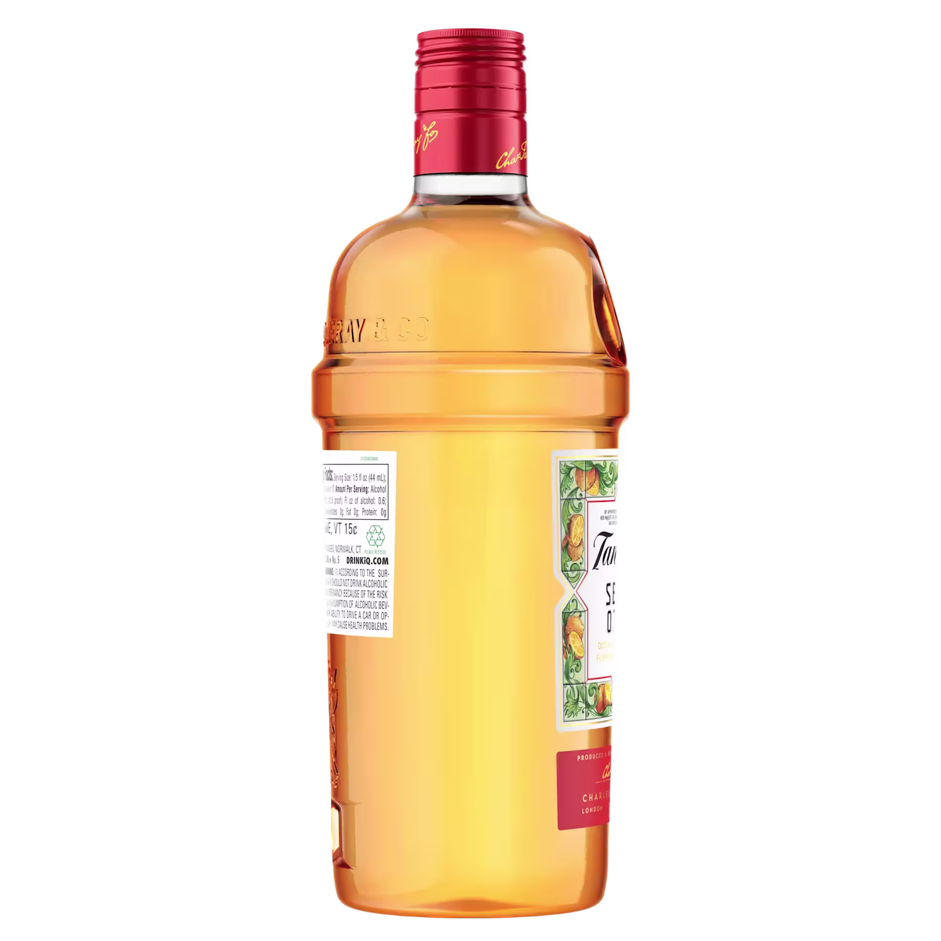 A bottle of Tanqueray Sevilla Orange gin with a red cap, showing the back and side label against a plain background.