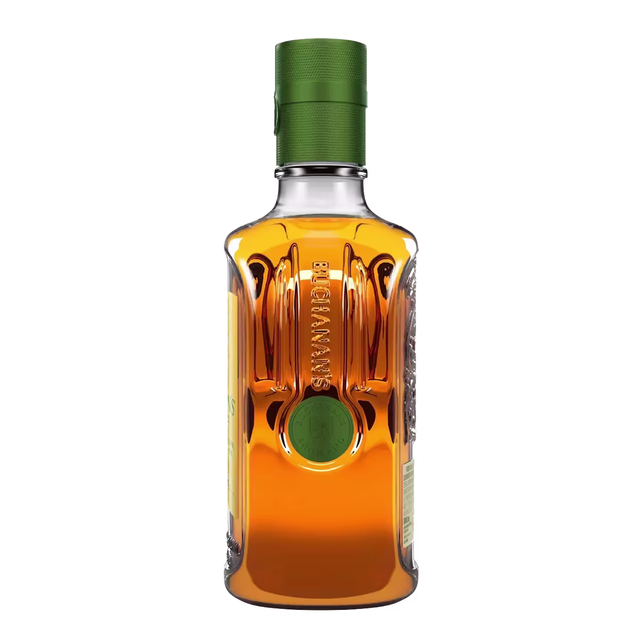 A glass bottle filled with amber liquid, featuring a green cap and a raised emblem on the front.