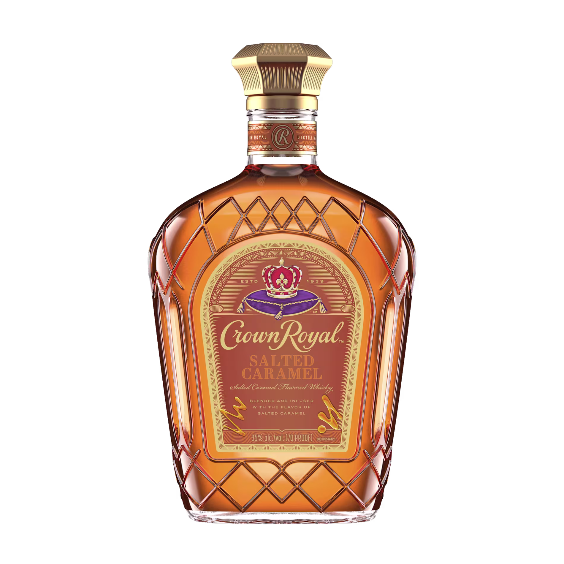 A bottle of Crown Royal Salted Caramel Canadian whisky with a gold cap and caramel-colored liquid inside, set against a white background.