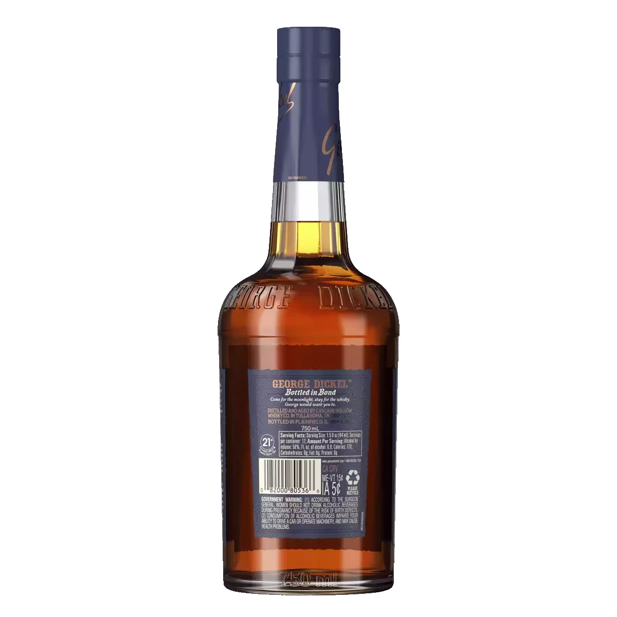 A bottle of George Dickel bourbon shown from the back, displaying the label, barcode, and product information.