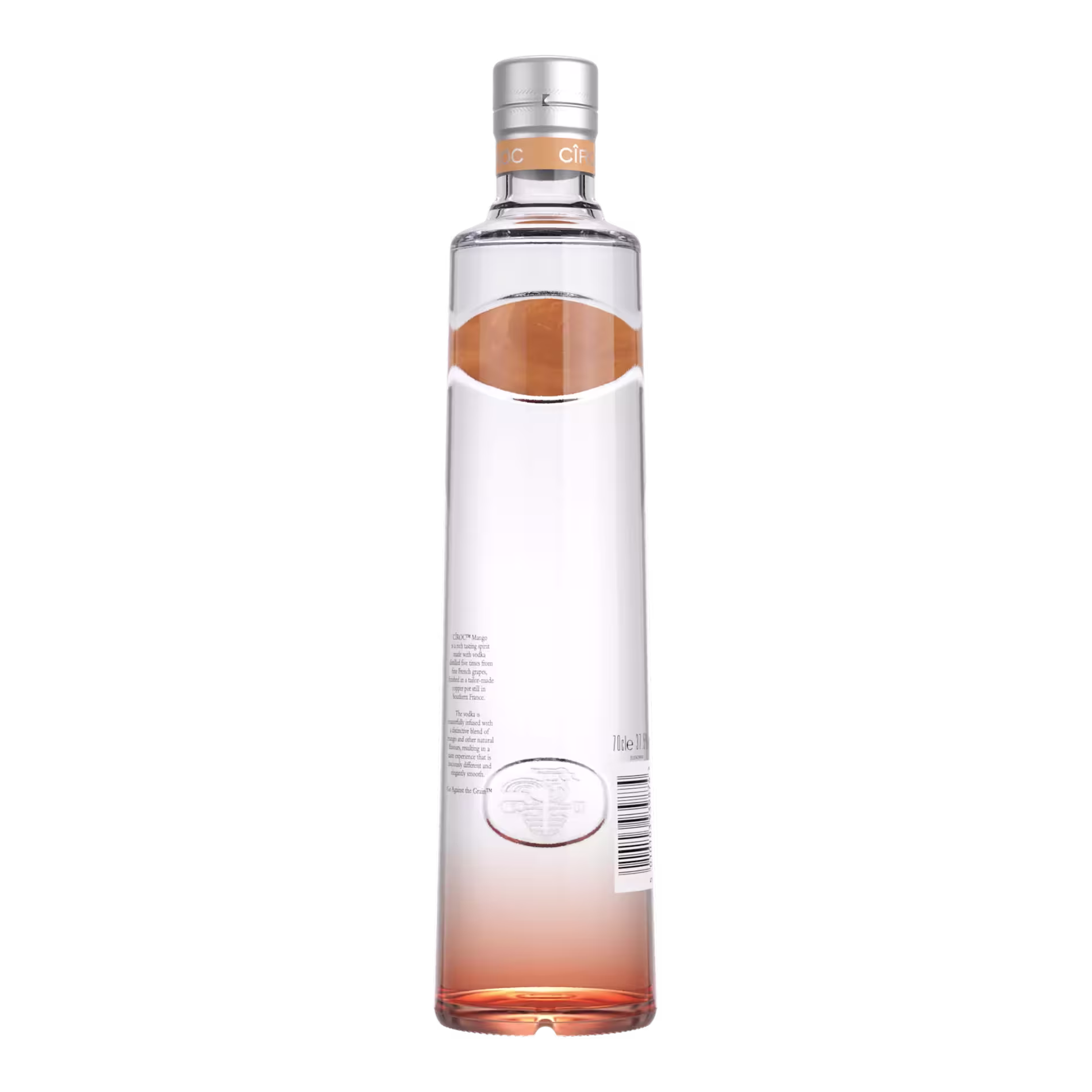 A tall, clear bottle with a silver cap and light pink liquid inside, partially filled. There is a barcode and small writing visible on the back label.