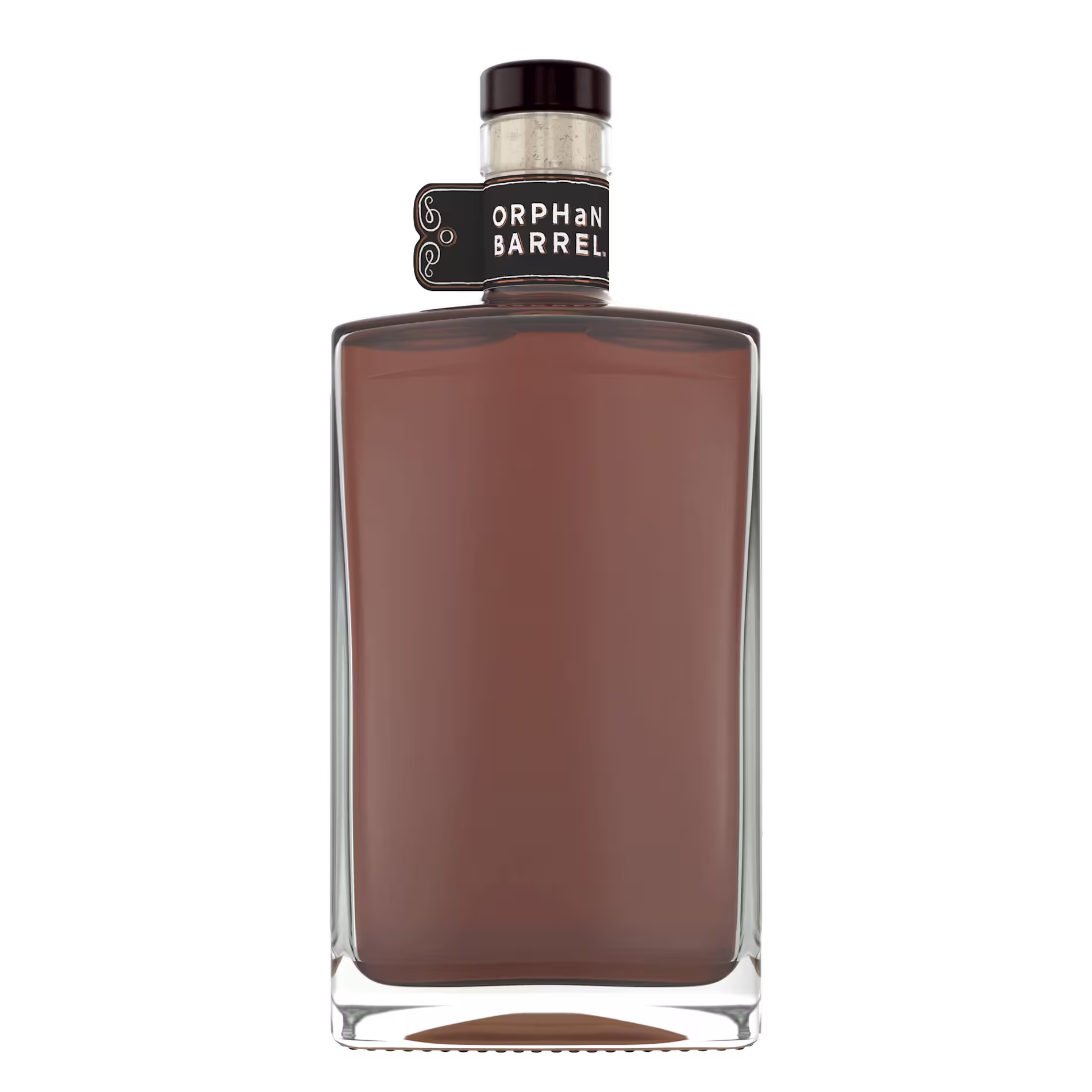 A rectangular glass bottle filled with brown liquid, labeled Orphan Barrel on a black neck tag, against a plain white background.