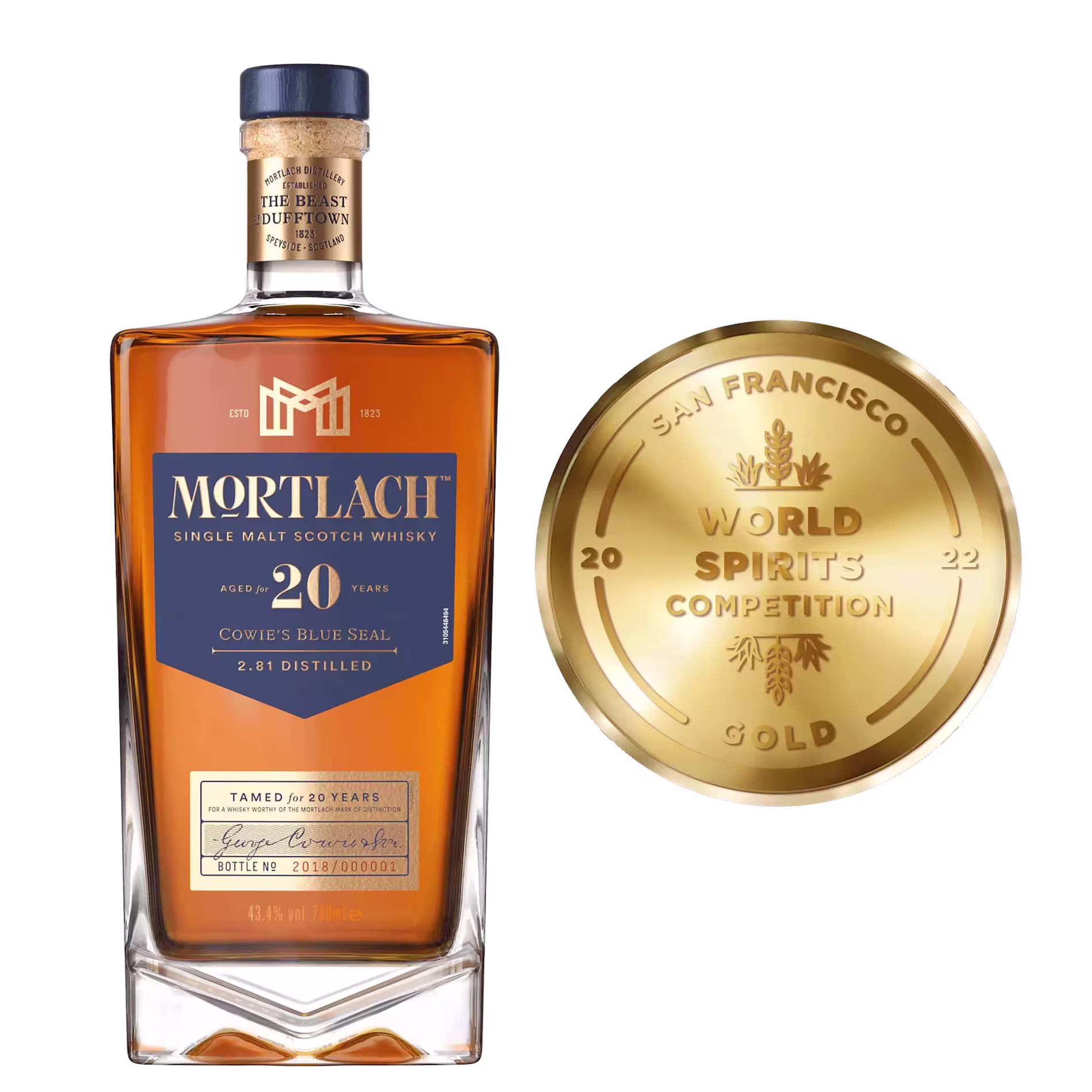 A bottle of Mortlach 20 Year Old Single Malt Scotch Whisky next to a gold medal from the 2022 San Francisco World Spirits Competition.