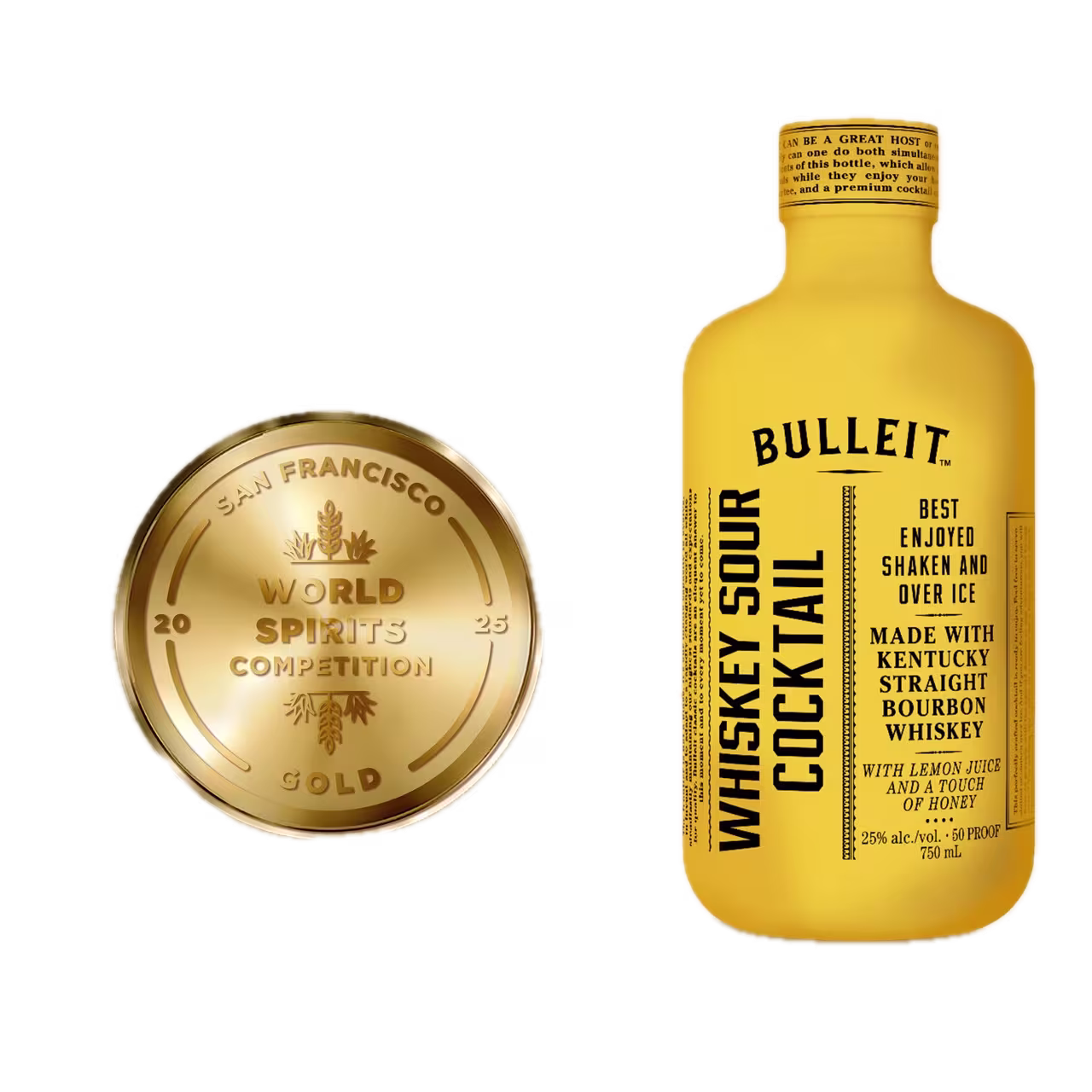 A gold medal from the 2023 San Francisco World Spirits Competition is shown next to a yellow bottle of Bulleit Whiskey Sour Cocktail.