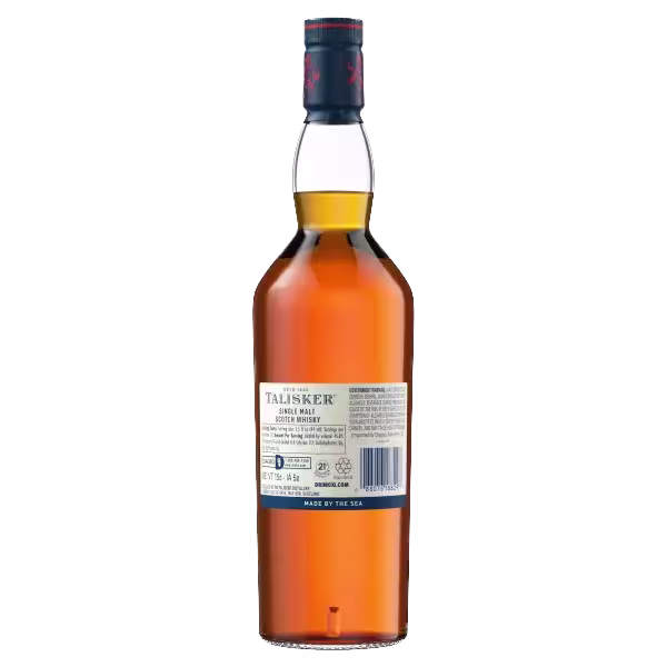 A back view of a Talisker single malt Scotch whisky bottle with label details visible.