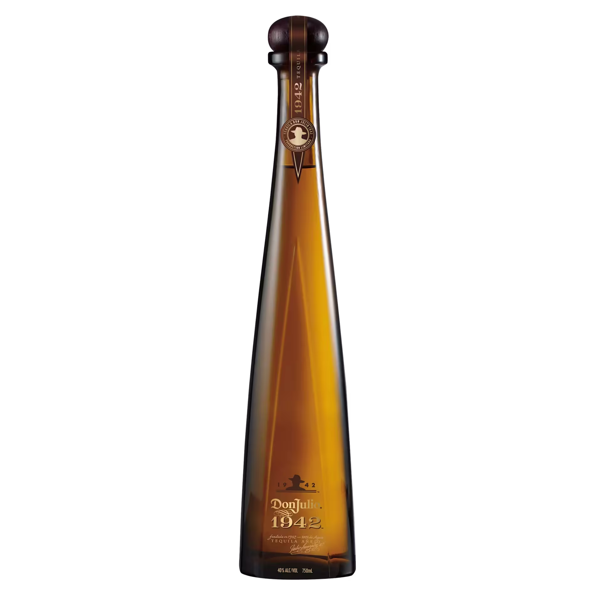A tall, amber-colored bottle of Don Julio 1942 Tequila with gold lettering, set against a black background.