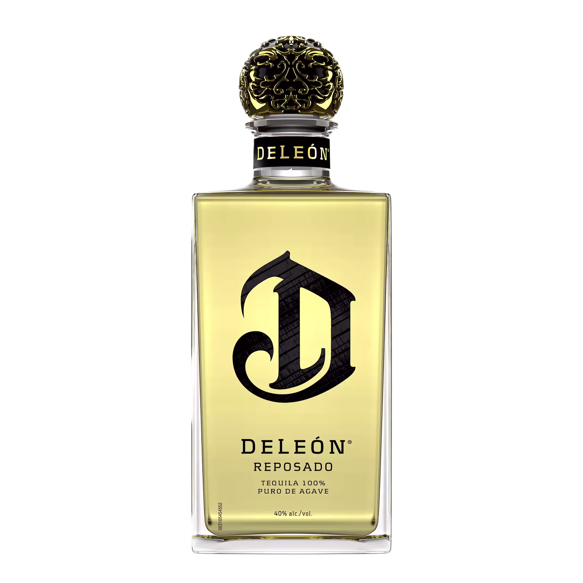 A bottle of DeLeón Reposado Tequila with a gold ornate cap and a large black D logo on the front label.