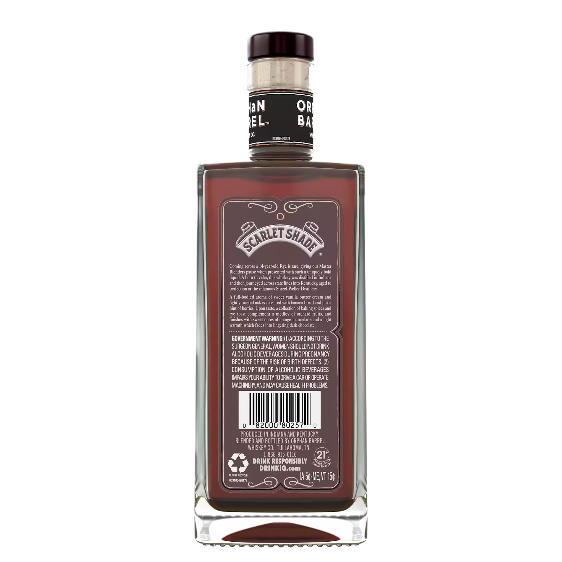 A rectangular bottle of Scarlet Shade bourbon whiskey shown from the back, displaying the label, barcode, and government warning text.