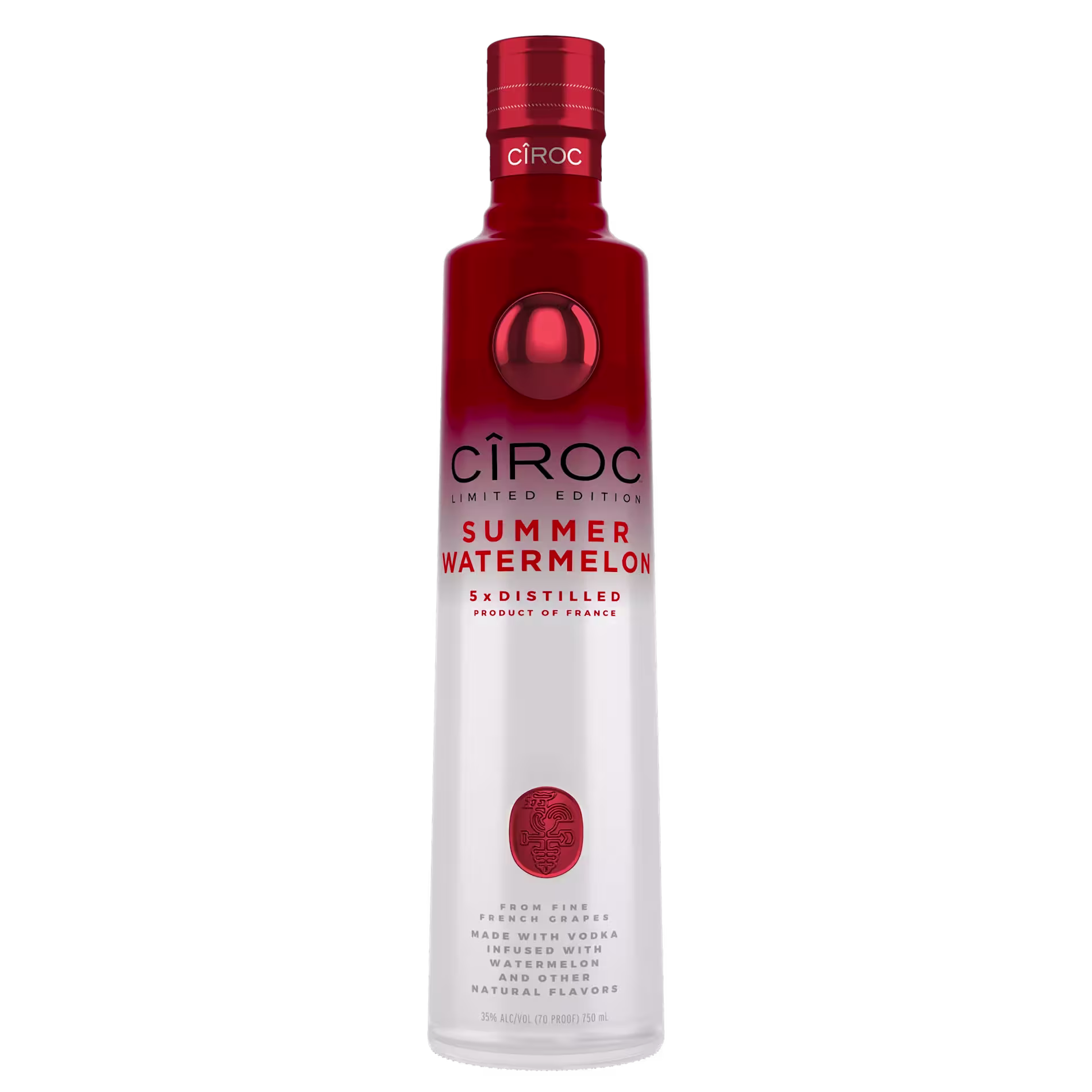 A bottle of Cîroc Limited Edition Summer Watermelon vodka with red and white gradient design and product information on the label.
