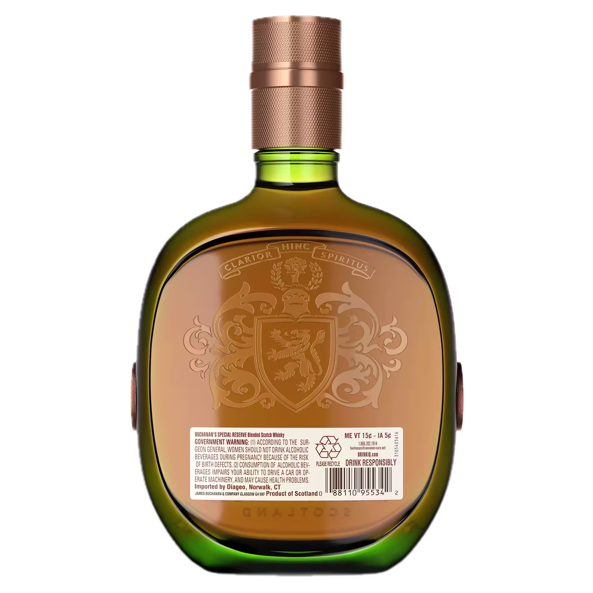 A green glass bottle with a gold cap, featuring an embossed crest and a rectangular white label with text on the back.
