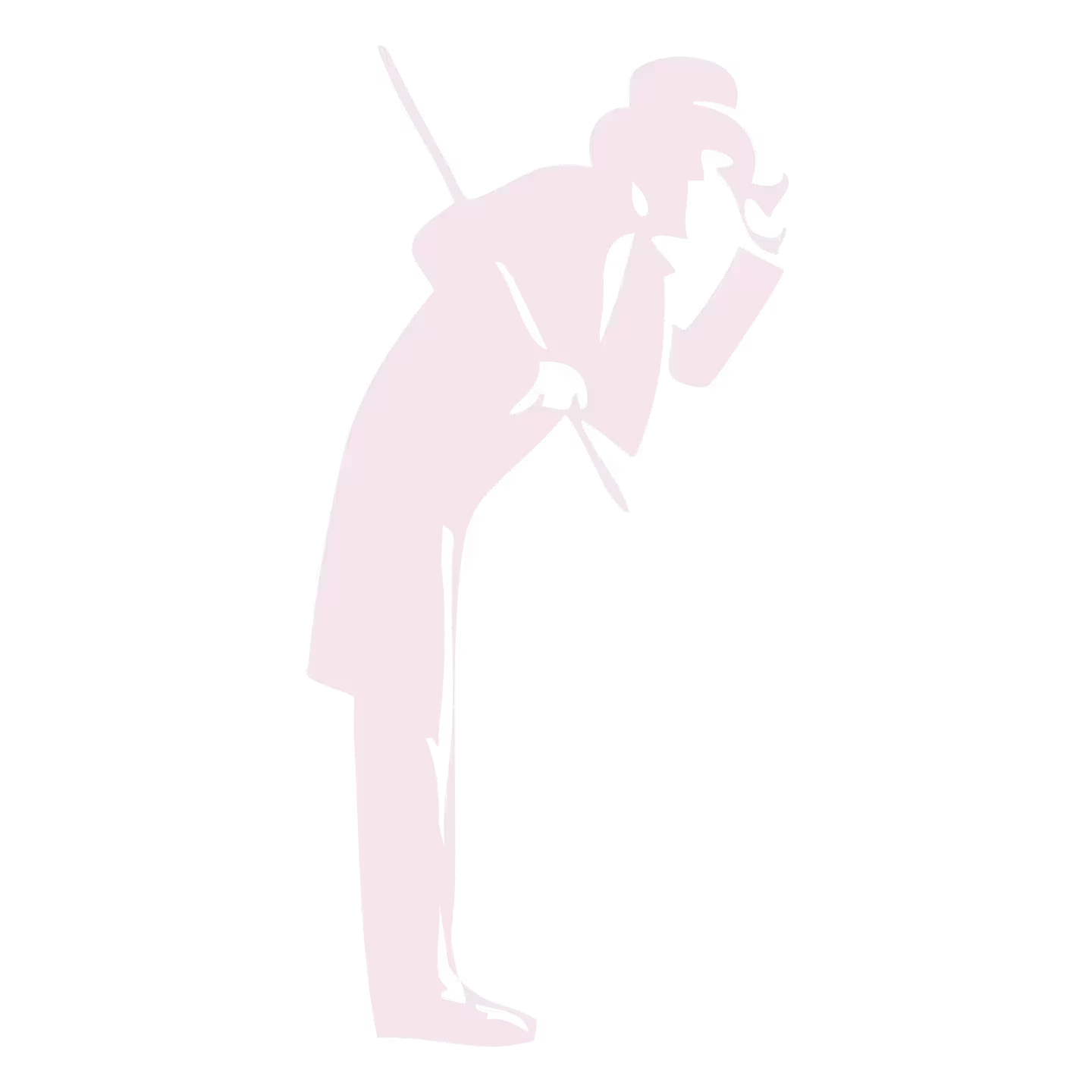 Silhouette of a man in a suit and top hat leaning forward with one hand on his face and a cane over his shoulder.