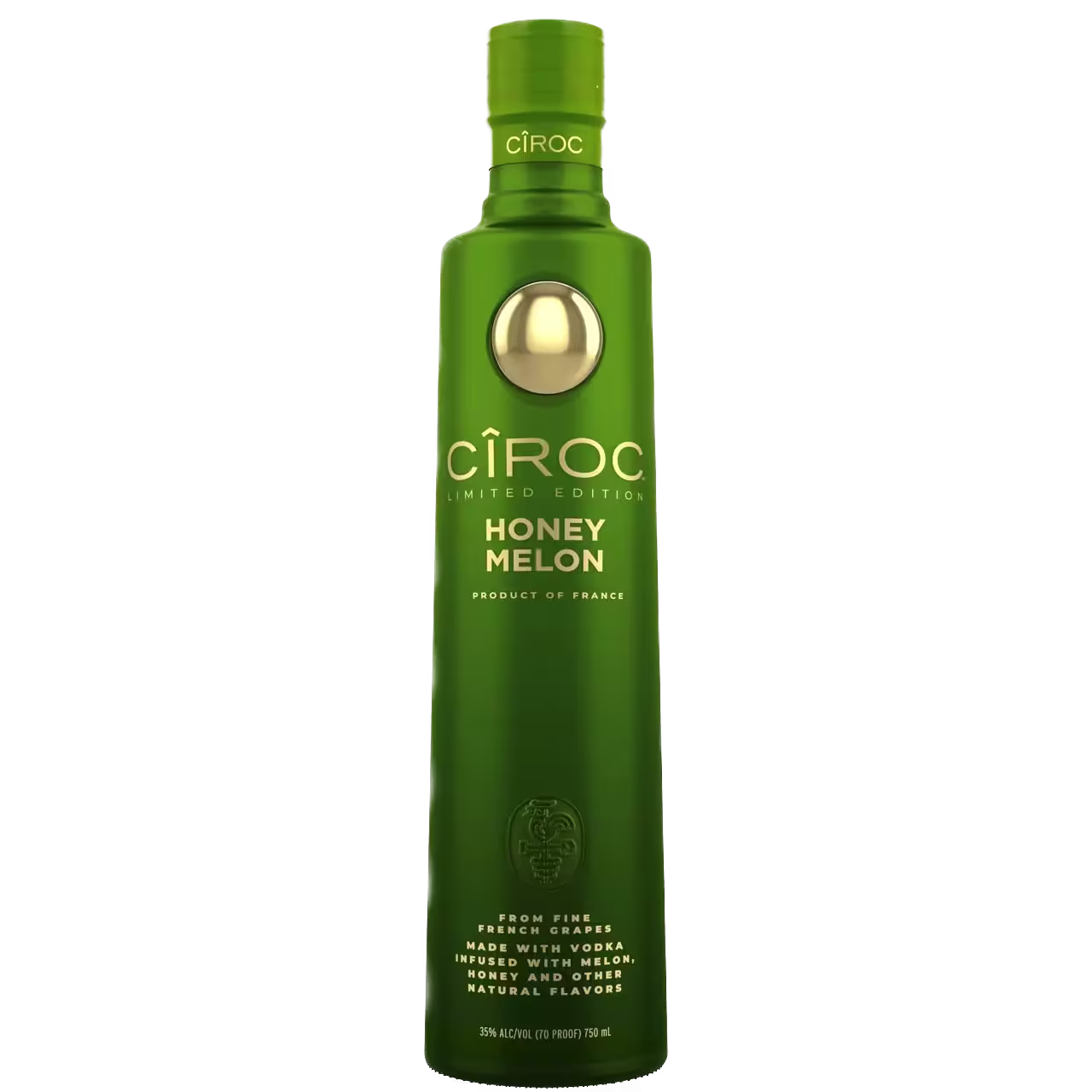 A green bottle of Cîroc Limited Edition Honey Melon vodka featuring gold accents and product details on the front label.