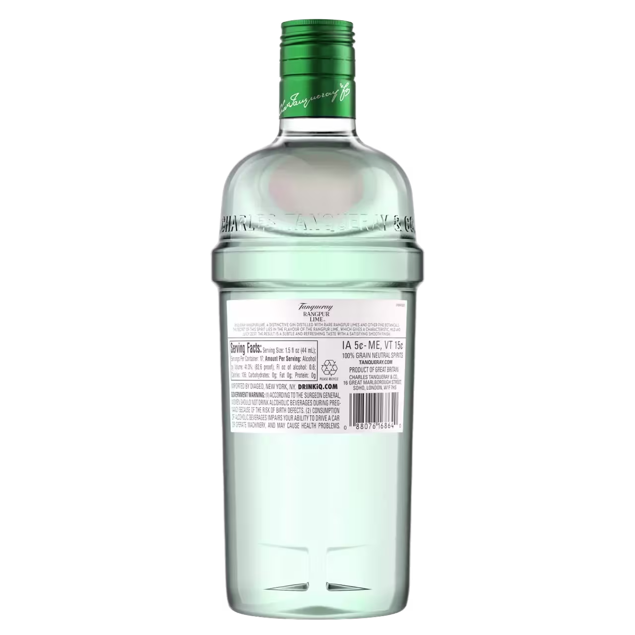 A clear glass bottle with a green cap, shown from the back with a white label displaying product information, barcode, and recycling symbols.