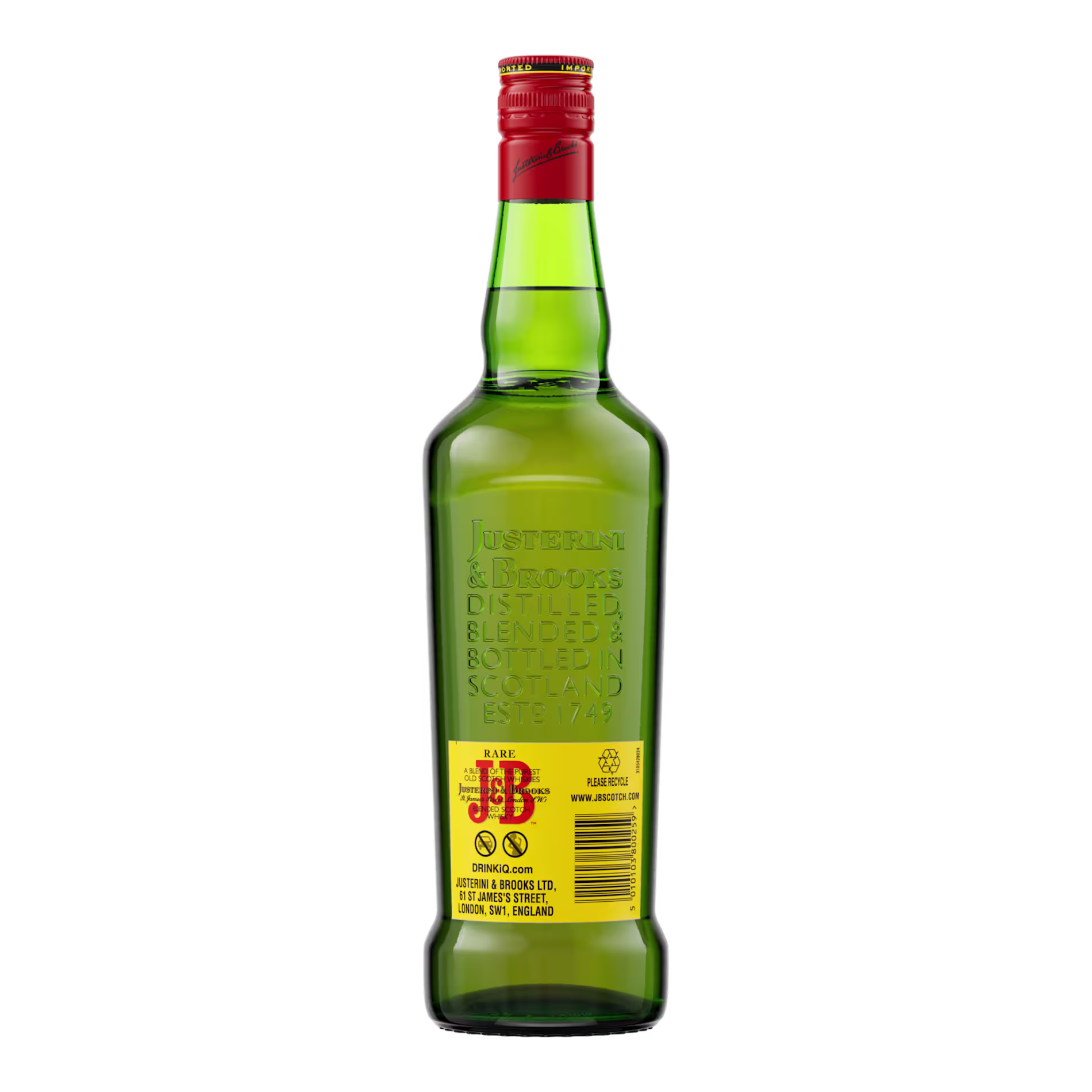 Back side of J&B Rare Blended Scotch Whisky bottle