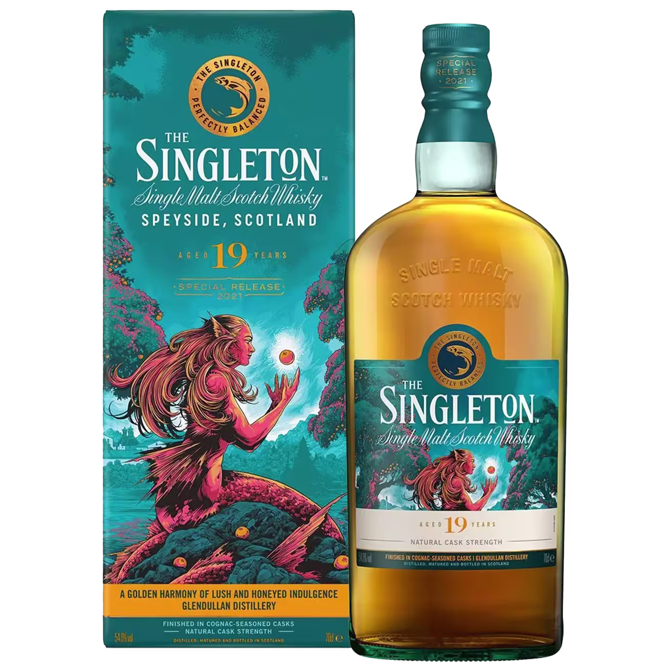 A bottle of The Singleton 19-year-old single malt Scotch whisky is displayed next to its decorative box featuring an illustrated woman by the water.