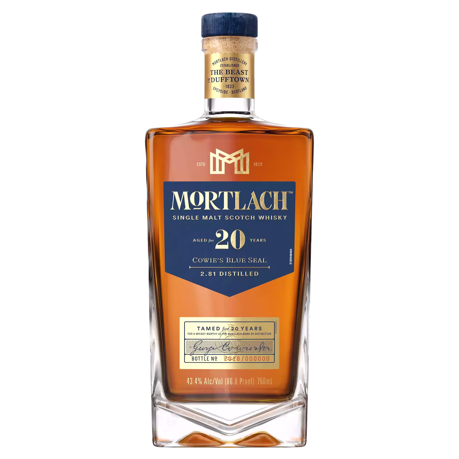 A bottle of Mortlach Single Malt Scotch Whisky, aged 20 years, labeled Cowies Blue Seal with 43.4% alc/vol in a 750ml bottle.