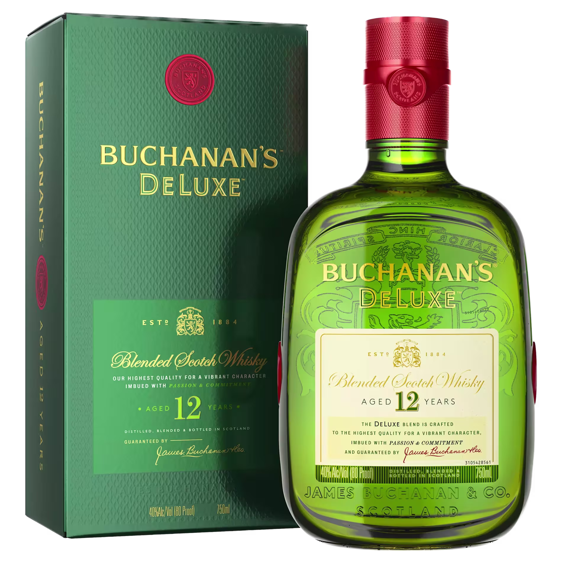 A green bottle of Buchanan’s Deluxe 12 Year Old Blended Scotch Whisky is shown next to its matching green box.