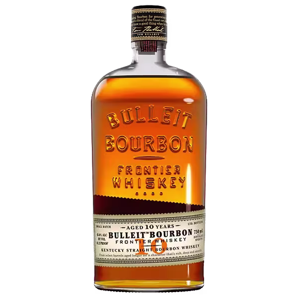 A 750ml bottle of Bulleit Bourbon Frontier Whiskey, aged 10 years, with an amber liquid and detailed labeling on the front.