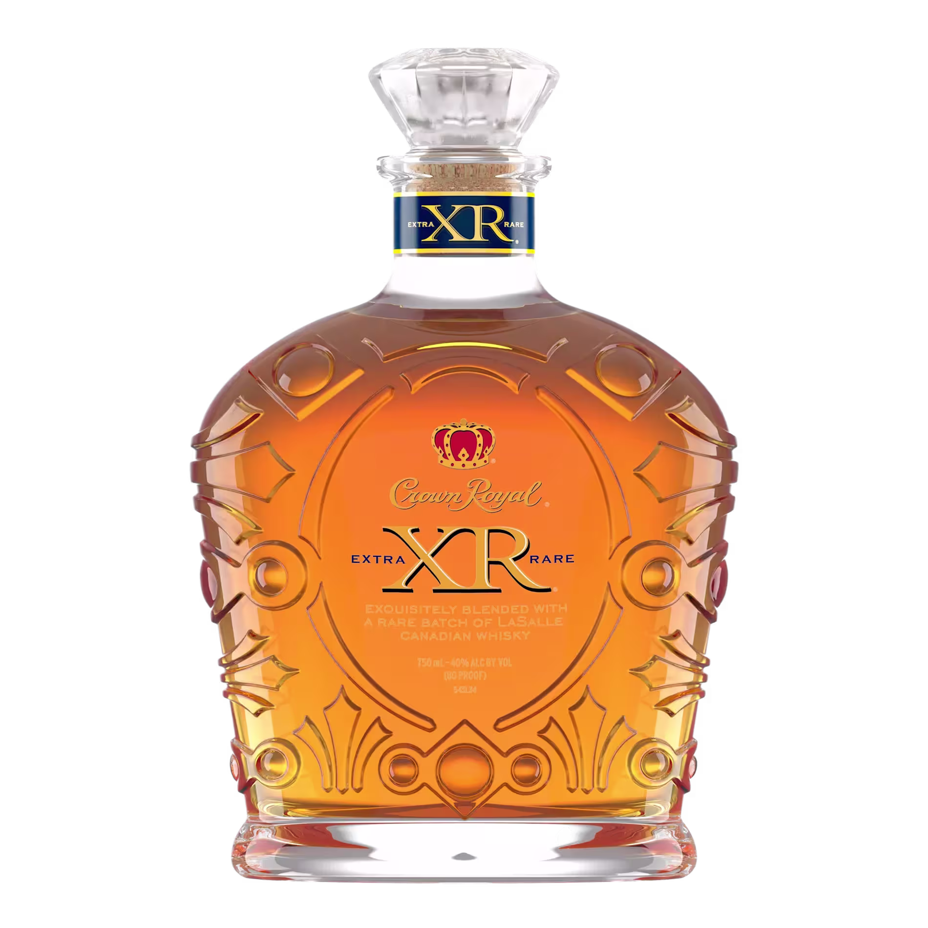 A bottle of Crown Royal XR Extra Rare Canadian whisky with a decorative glass design and gold label, filled with amber-colored liquid.