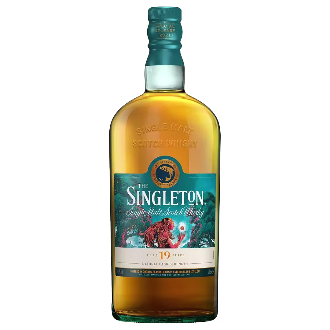 A bottle of The Singleton single malt Scotch whisky, aged 19 years, with a colorful label and embossed text on the glass.
