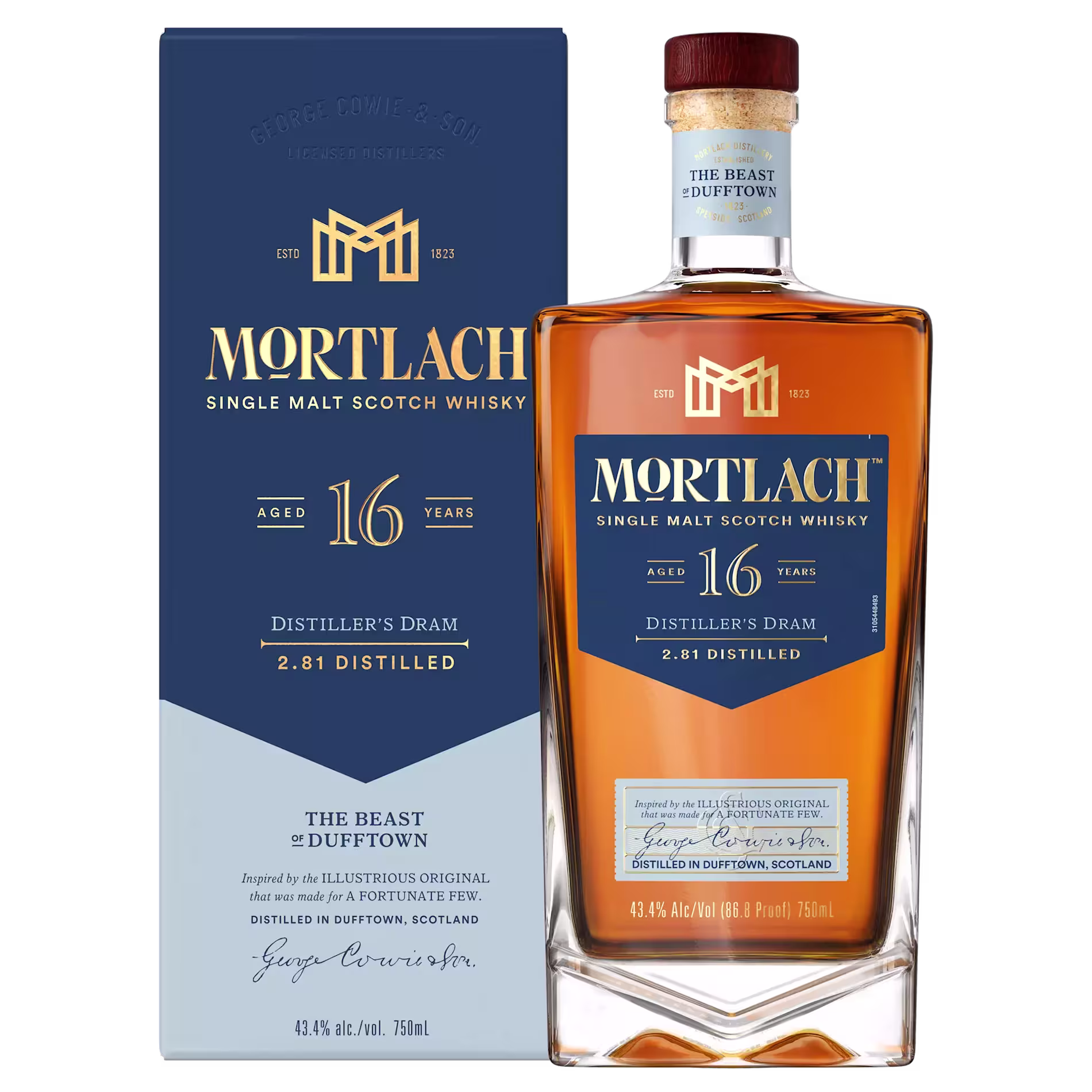 A bottle of Mortlach 16 Year Old Single Malt Scotch Whisky stands beside its blue and silver box packaging, labeled The Beast of Dufftown.