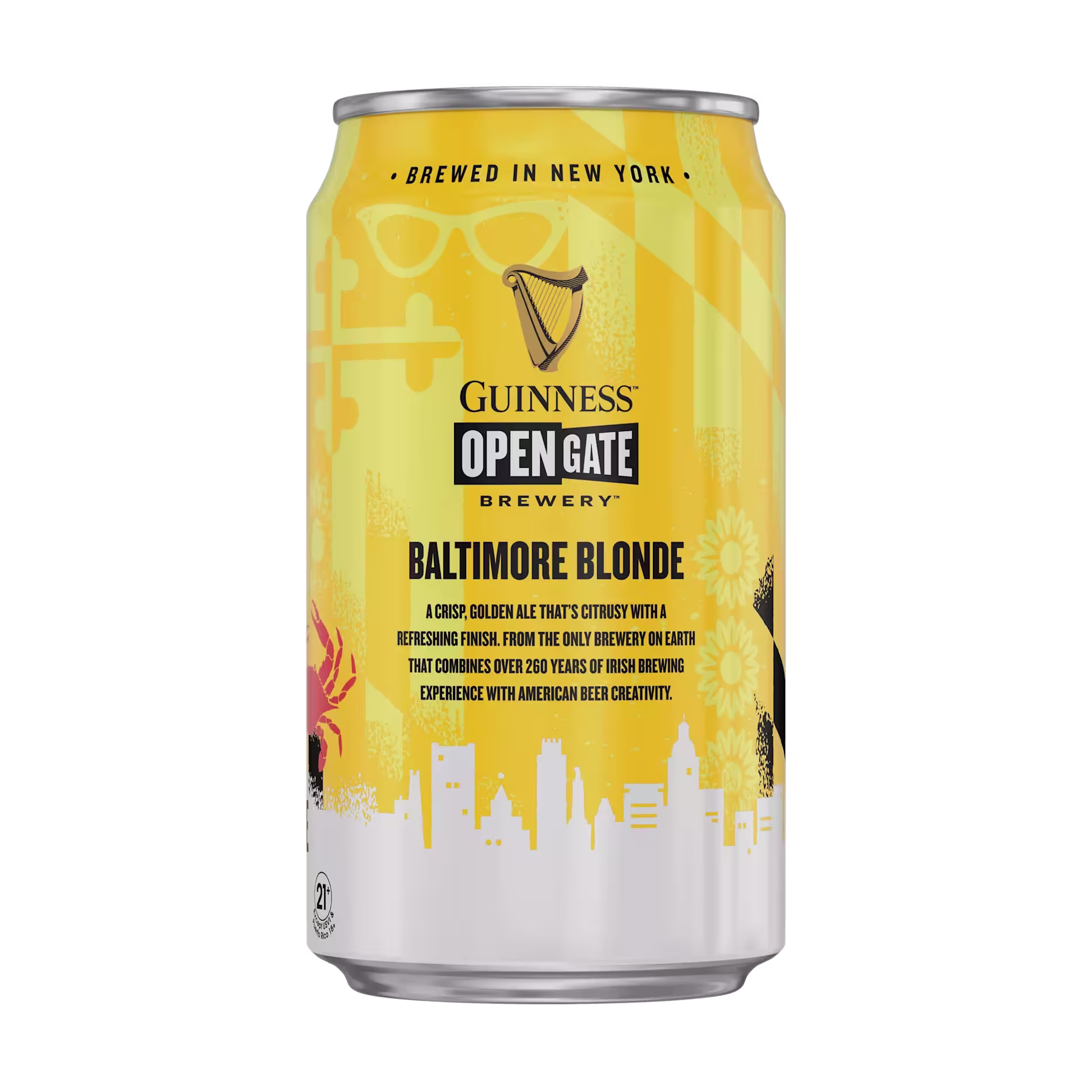 A can of Guinness Open Gate Brewery Baltimore Blonde beer with a yellow and white design, featuring text and cityscape graphics.