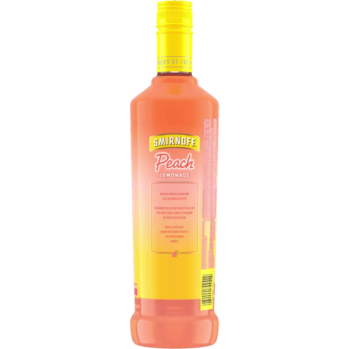 A bottle of Smirnoff Peach Lemonade vodka with a yellow cap and peach-yellow gradient label, shown against a plain background.