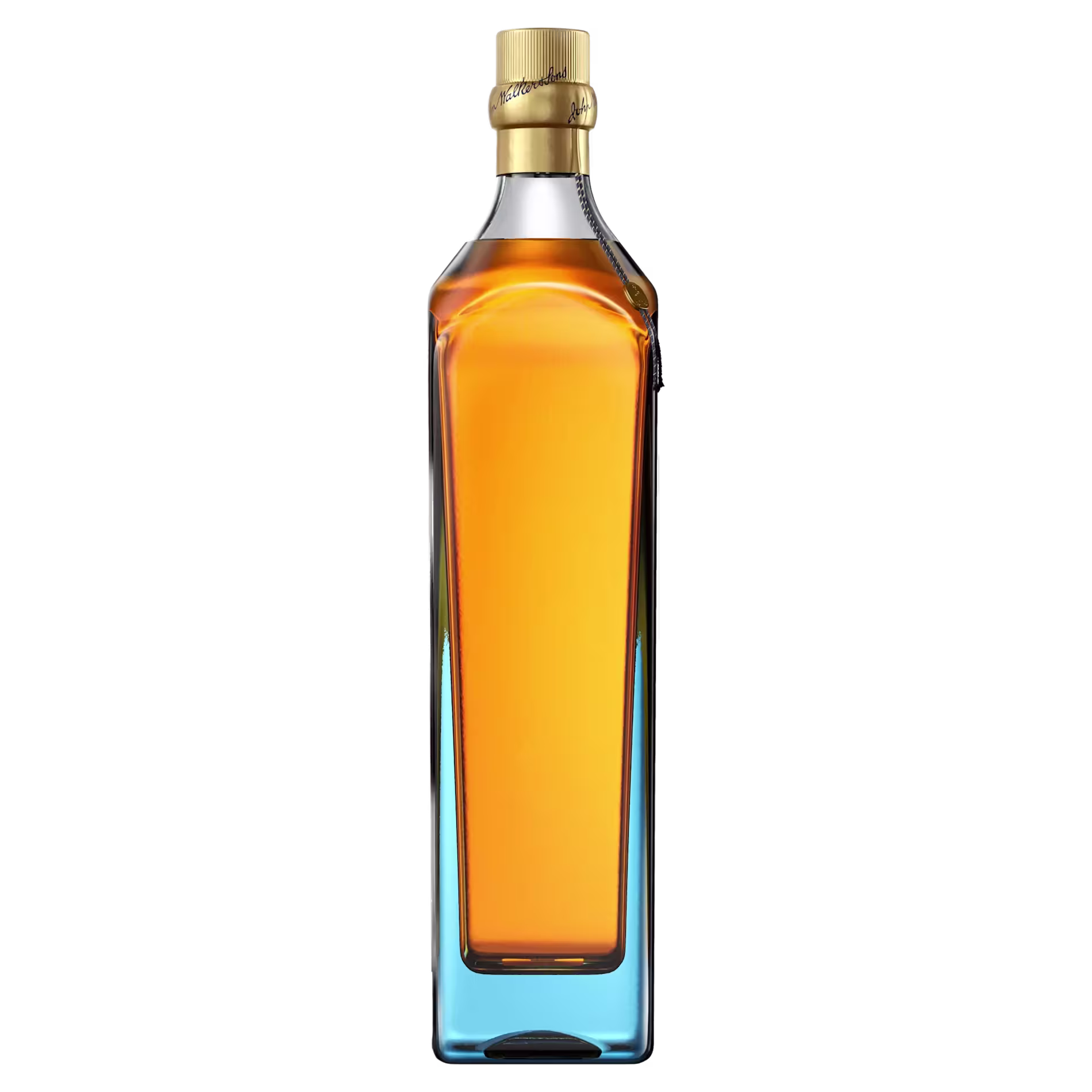 A tall, rectangular glass bottle filled with amber liquid and sealed with a gold cap, shown against a plain background.