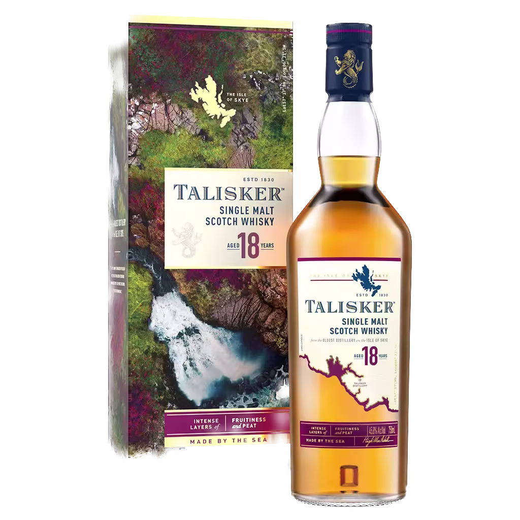 A bottle of Talisker 18 Year Old Single Malt Scotch Whisky is shown next to its decorative box featuring a map and landscape imagery.