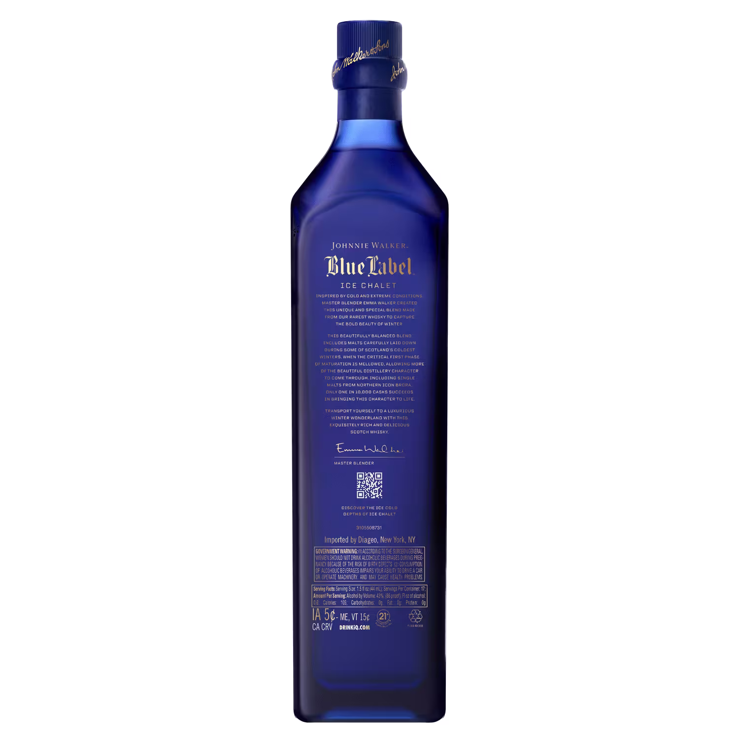 A blue bottle of Johnnie Walker Blue Label Blended Scotch Whisky, shown from the back with branding and product information visible.