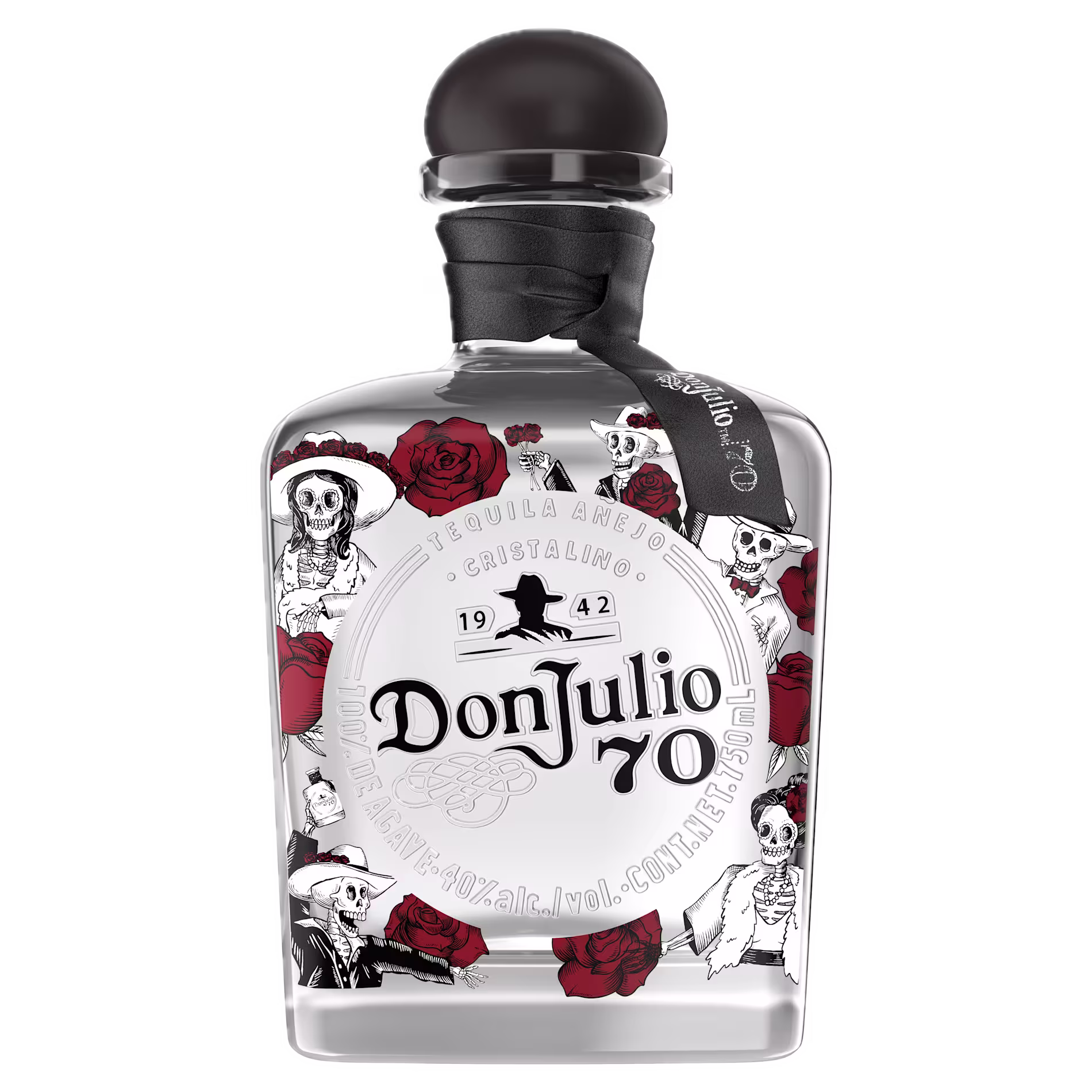 A bottle of Don Julio 70 tequila featuring a Day of the Dead-themed design with skeletons and red roses on the label.